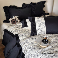 Little Black Lace Floral Bedding Set - Black + White