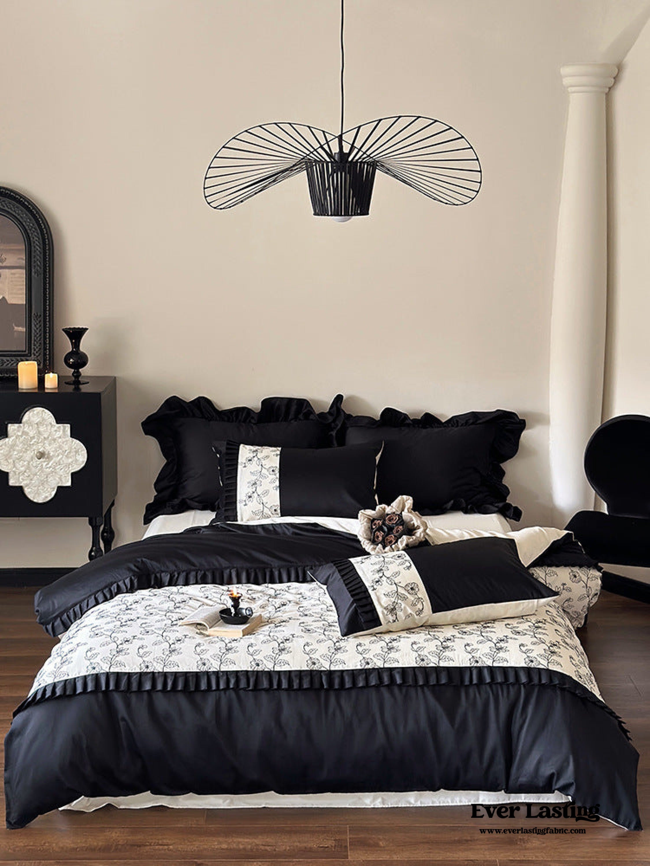 Little Black Lace Floral Bedding Set - Black + White