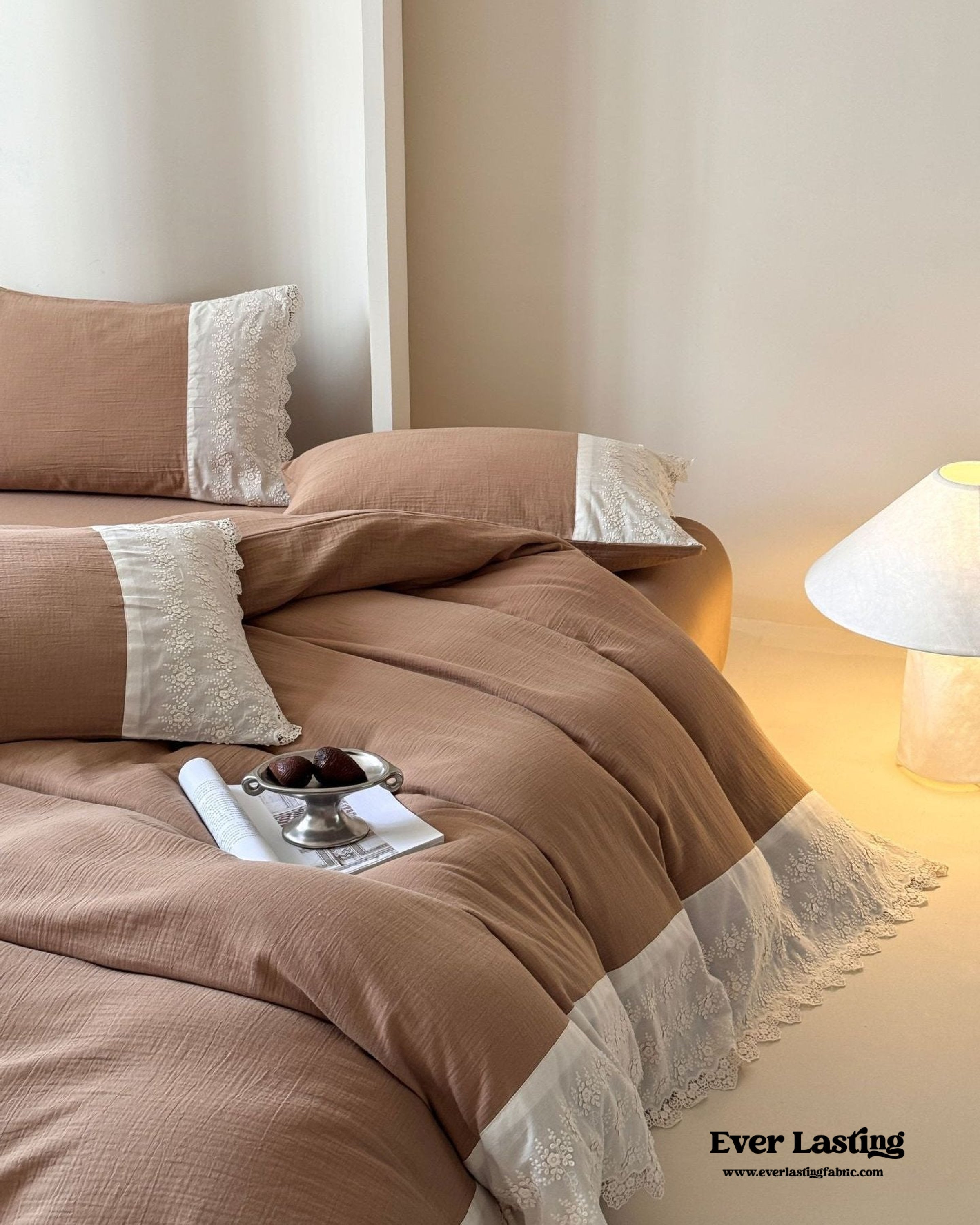 Margaux Lace Double Gauze Bedding Set - Chocolate Brown