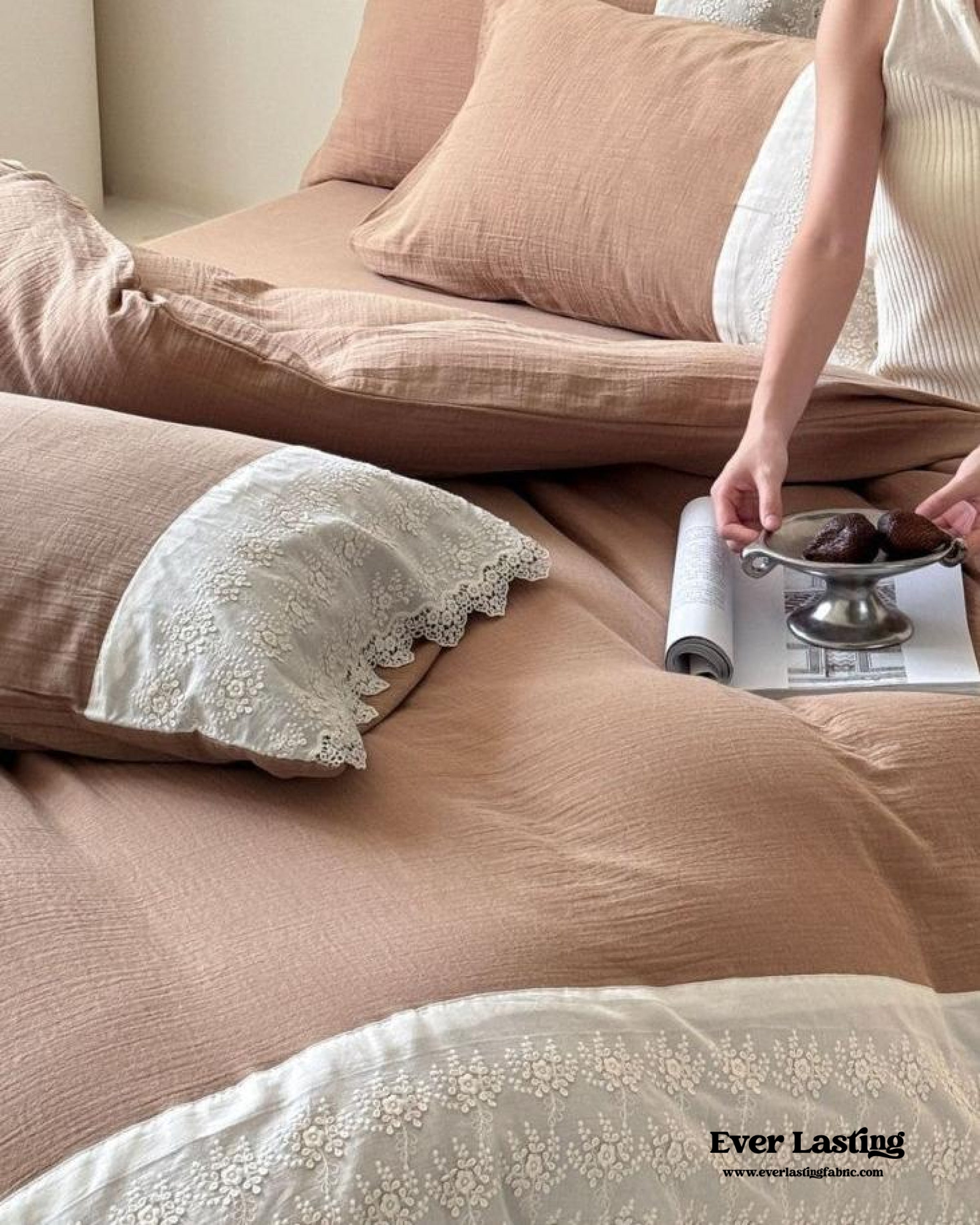 Margaux Lace Double Gauze Bedding Set - Chocolate Brown