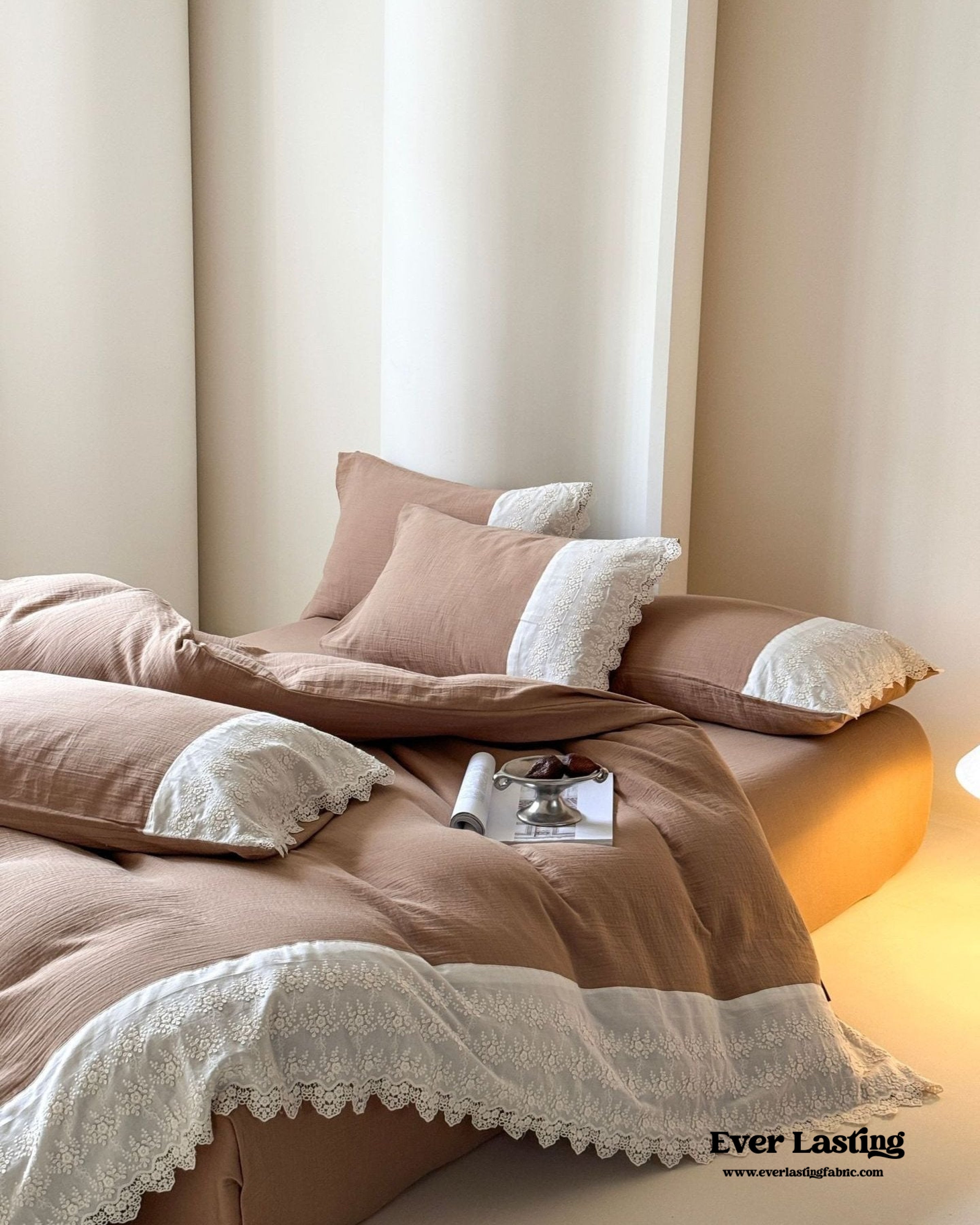 Margaux Lace Double Gauze Bedding Set - Chocolate Brown