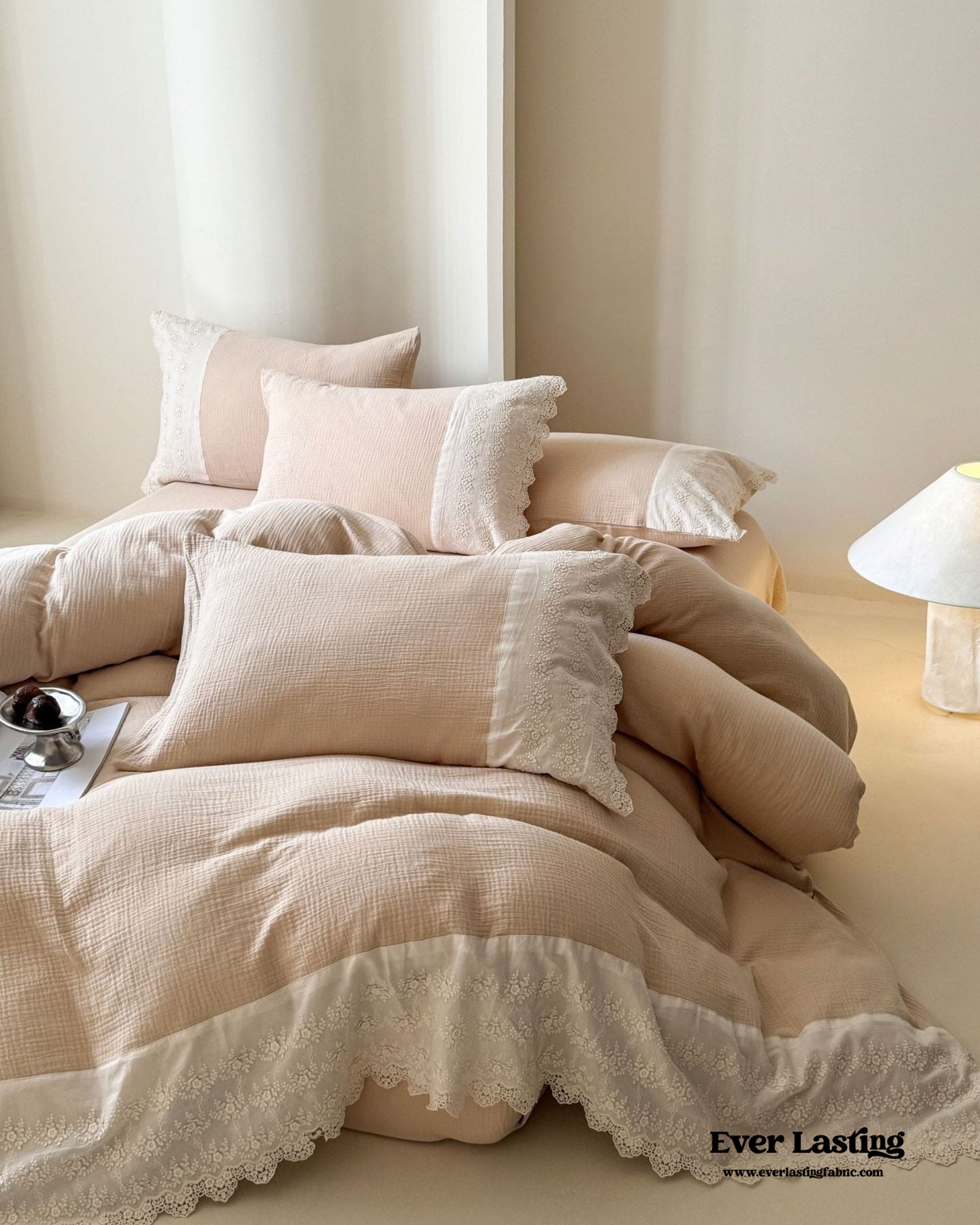 Margaux Lace Double Gauze Bedding Set - Chocolate Brown