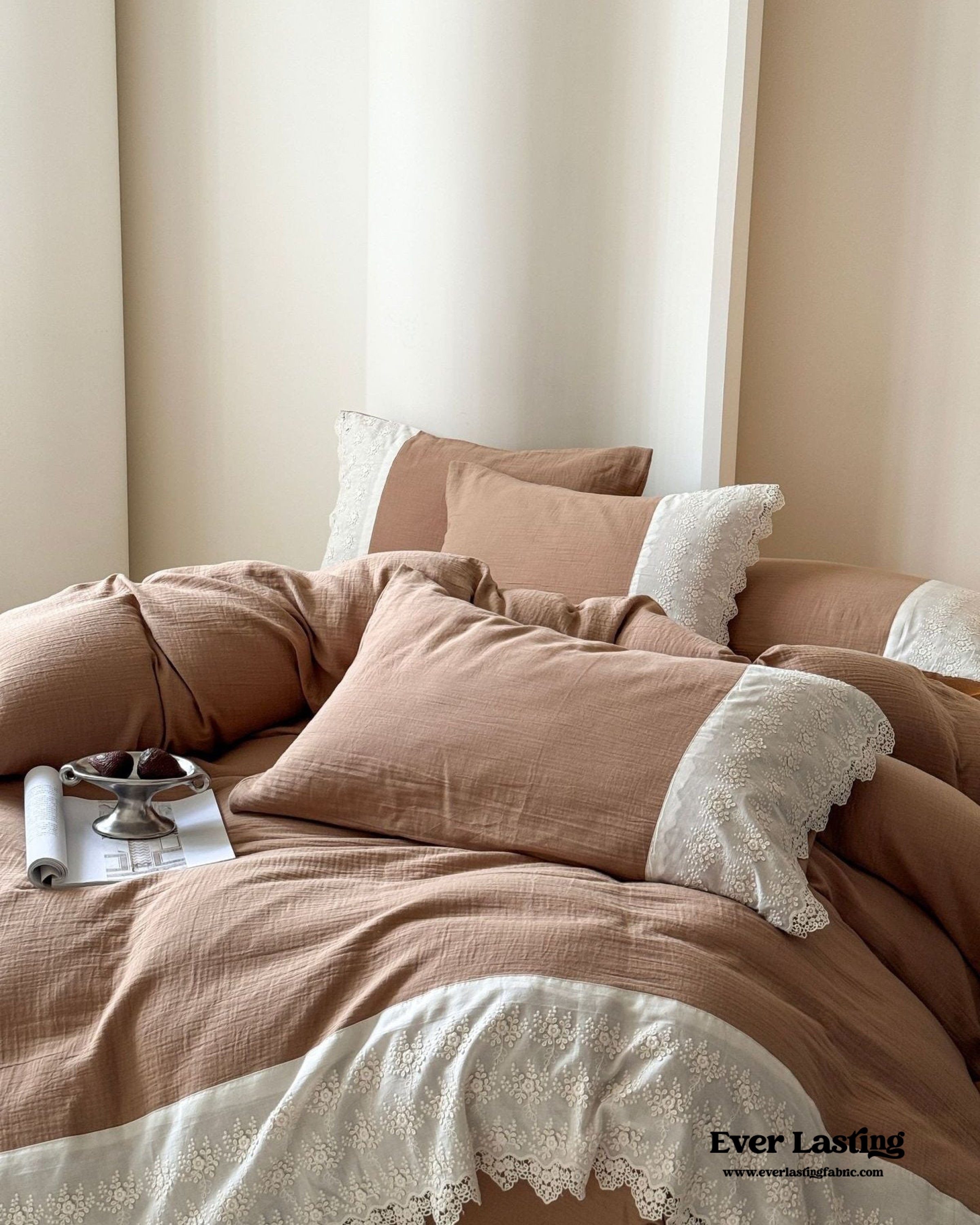 Margaux Lace Double Gauze Bedding Set - Chocolate Brown