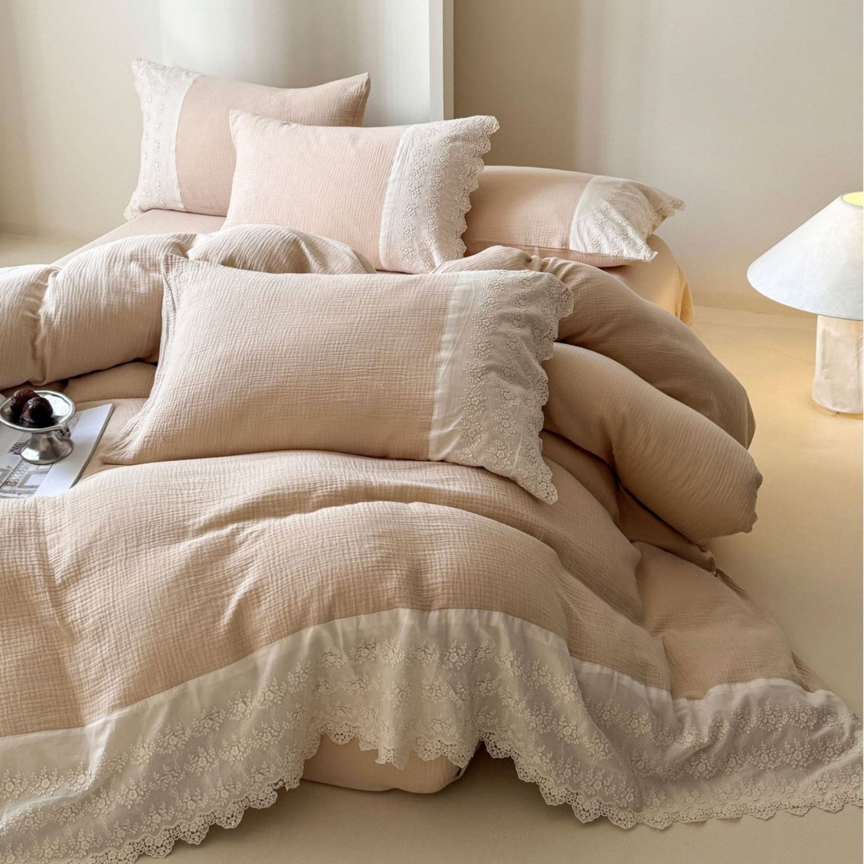 Margaux Lace Double Gauze Bedding Set - Chocolate Brown