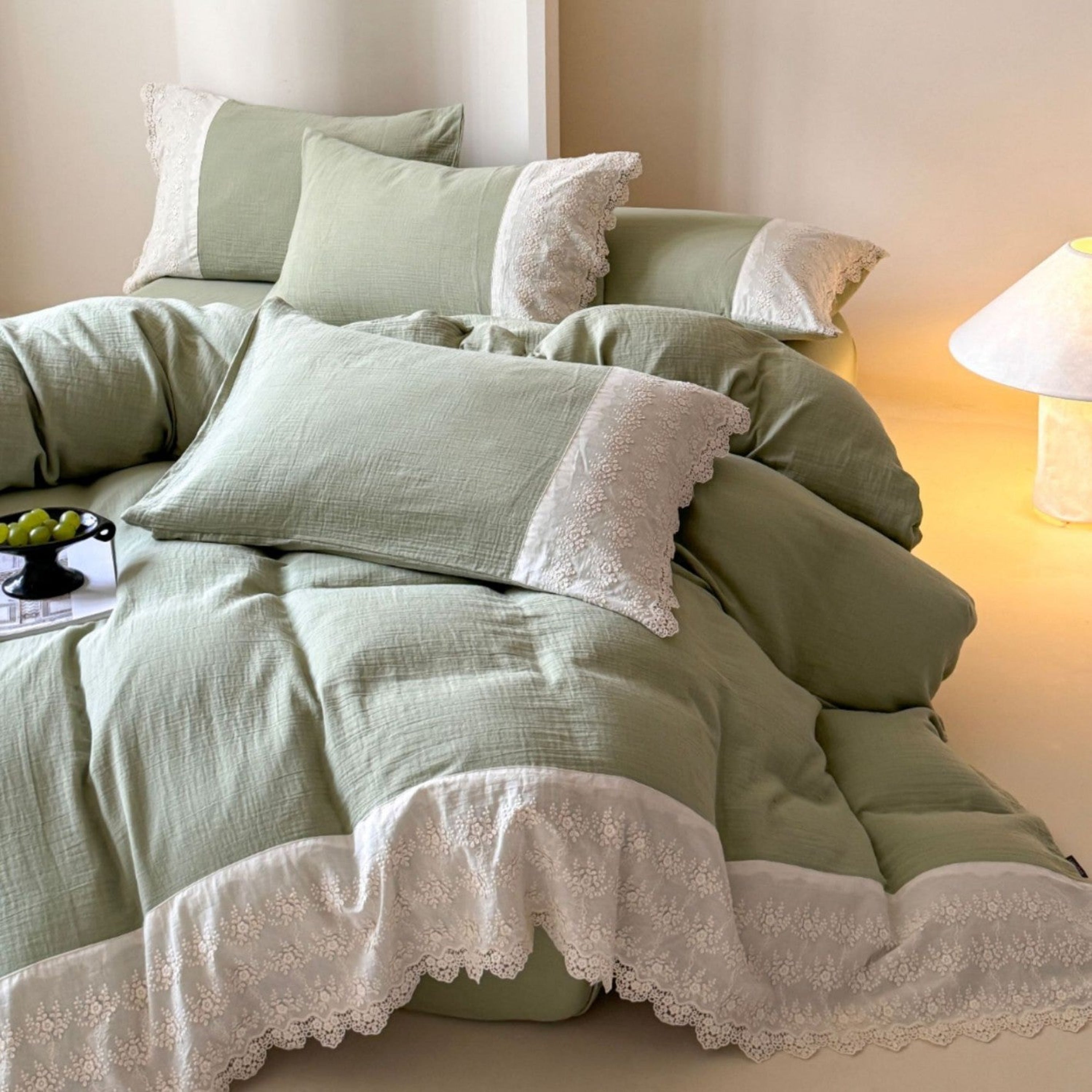 Margaux Lace Double Gauze Bedding Set - Chocolate Brown