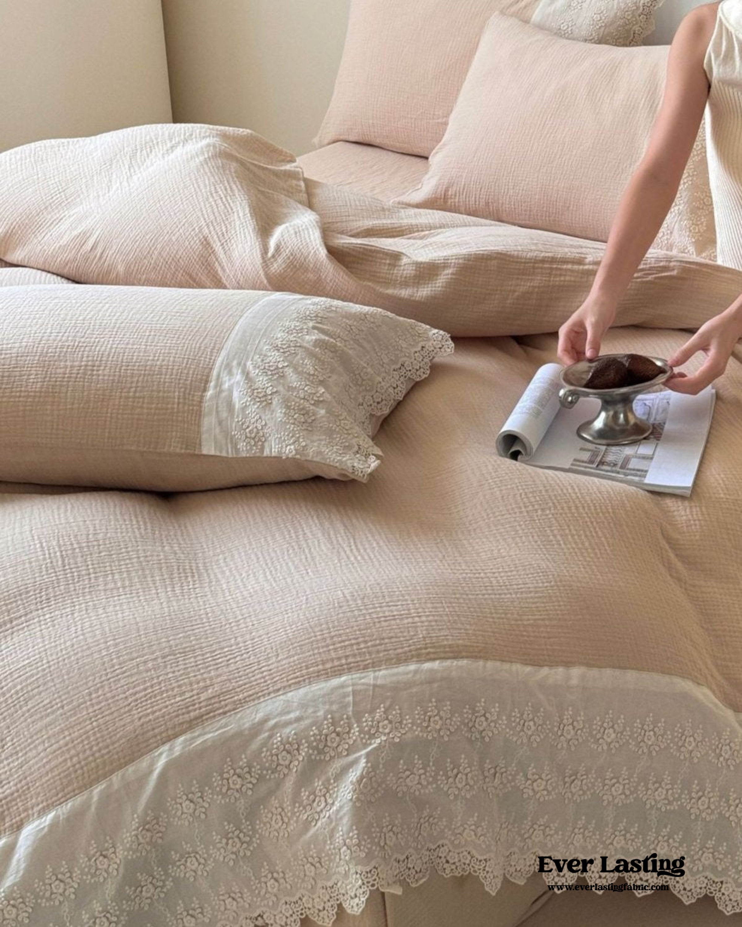 Margaux Lace Double Gauze Bedding Set - Pastel Pink