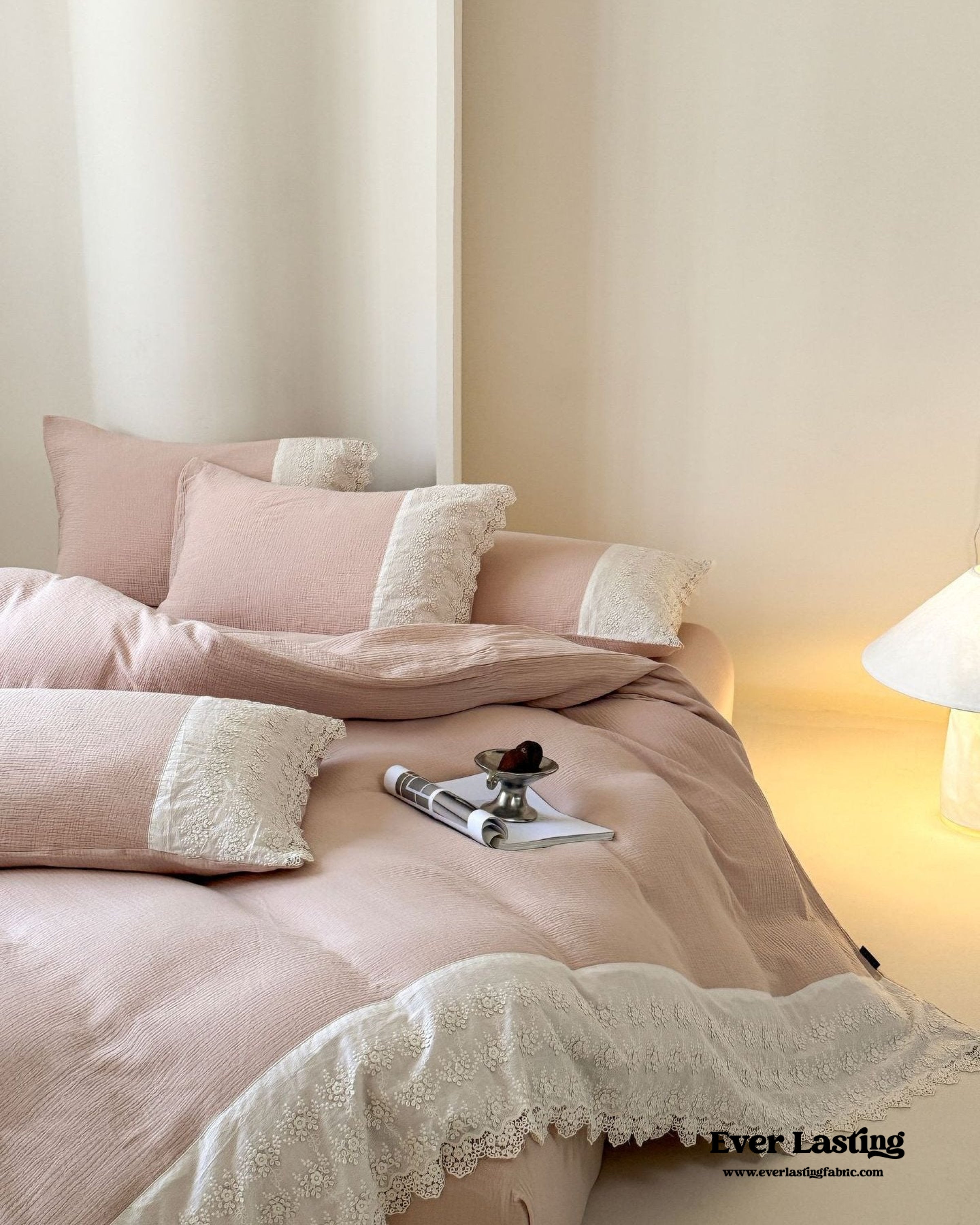 Margaux Lace Double Gauze Bedding Set - Pastel Pink