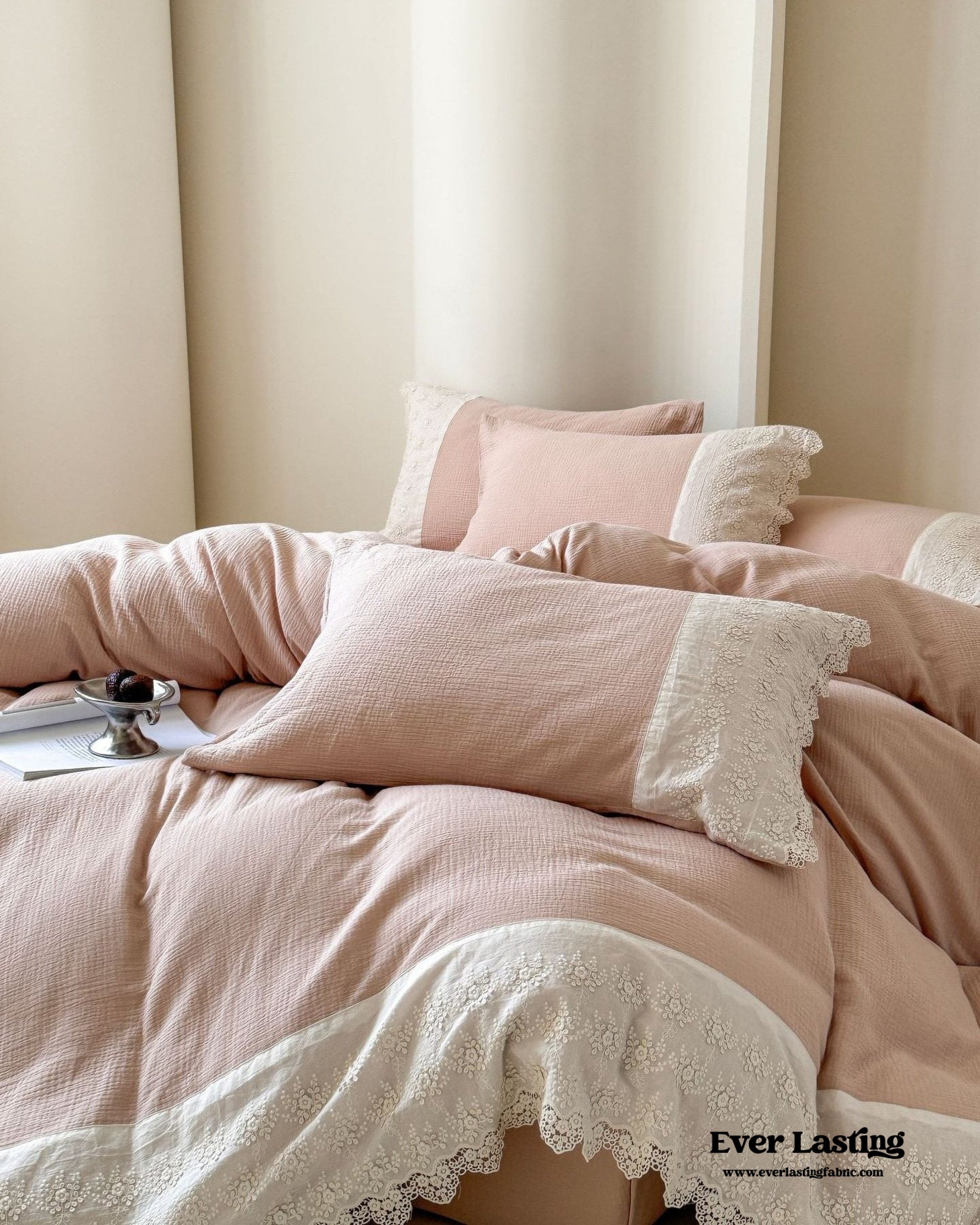 Margaux Lace Double Gauze Bedding Set - Pastel Pink