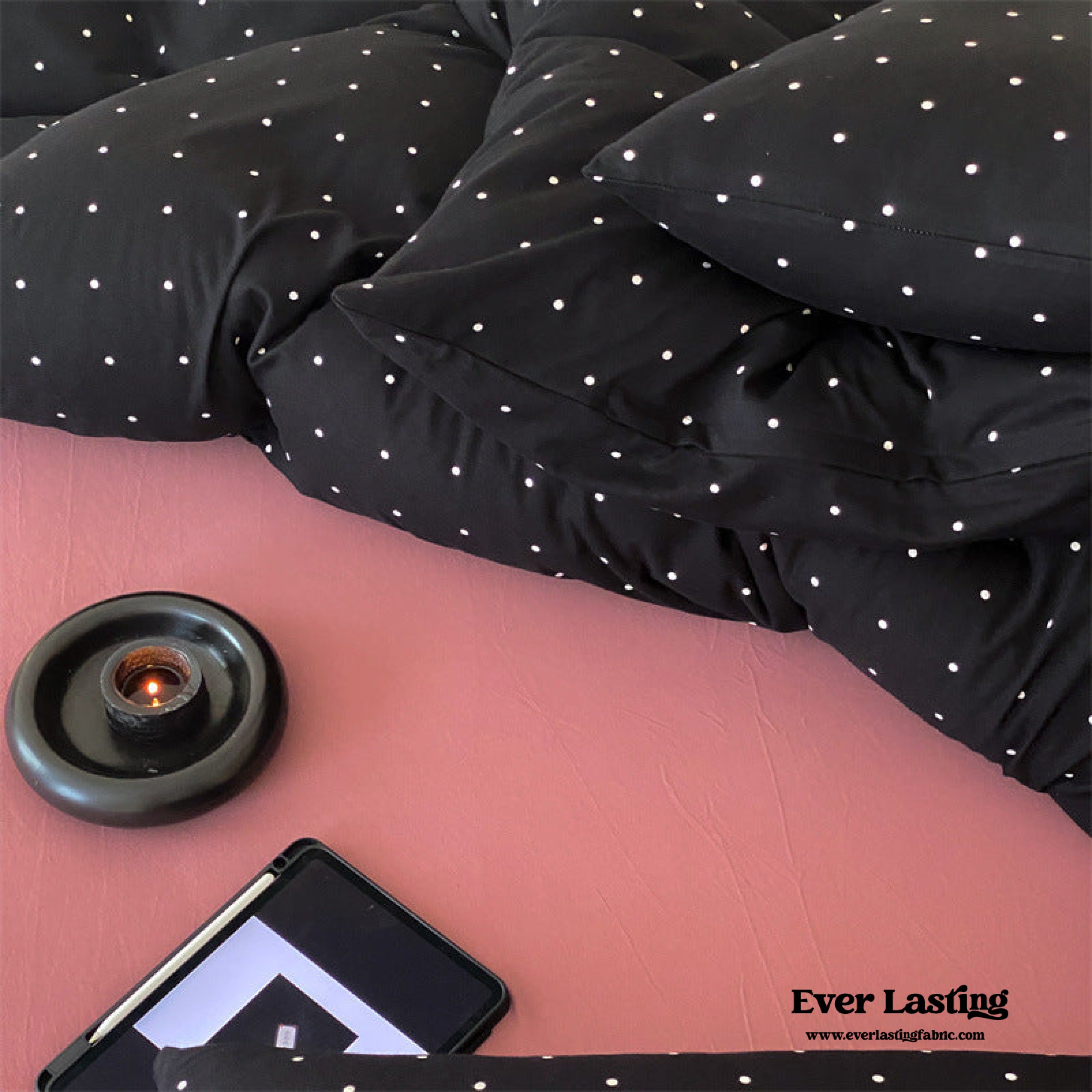 Mini Polka Dot Jersey Knit Bedding Set - Black + Pink