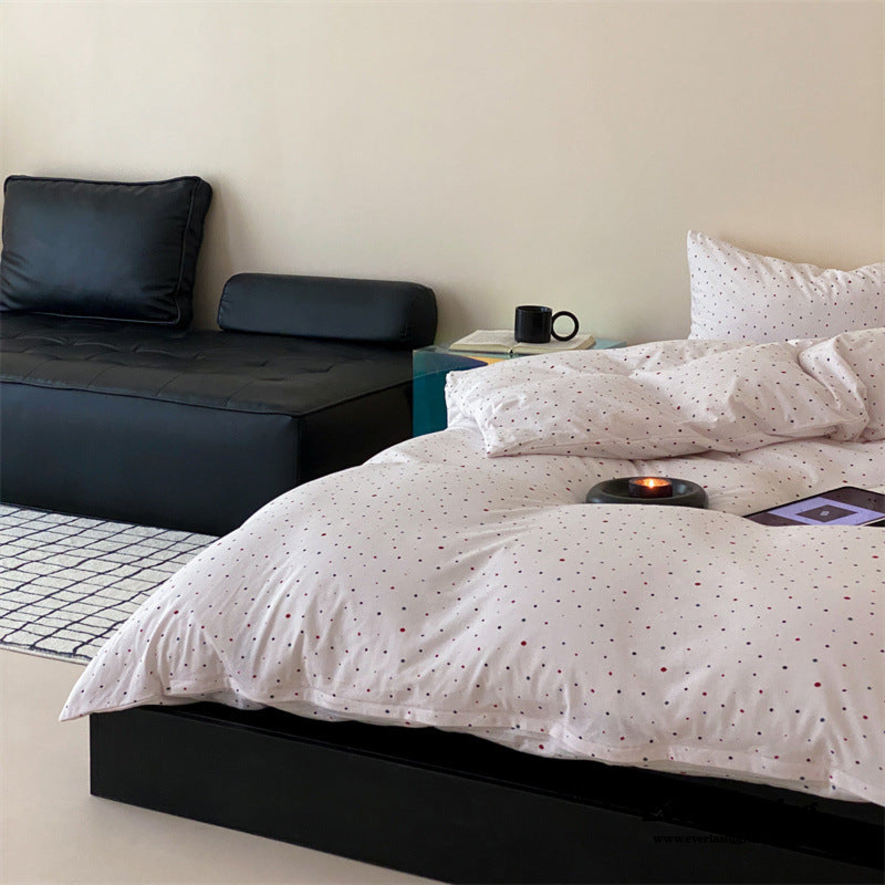Mini Polka Dot Jersey Knit Bedding Set - Black + Pink
