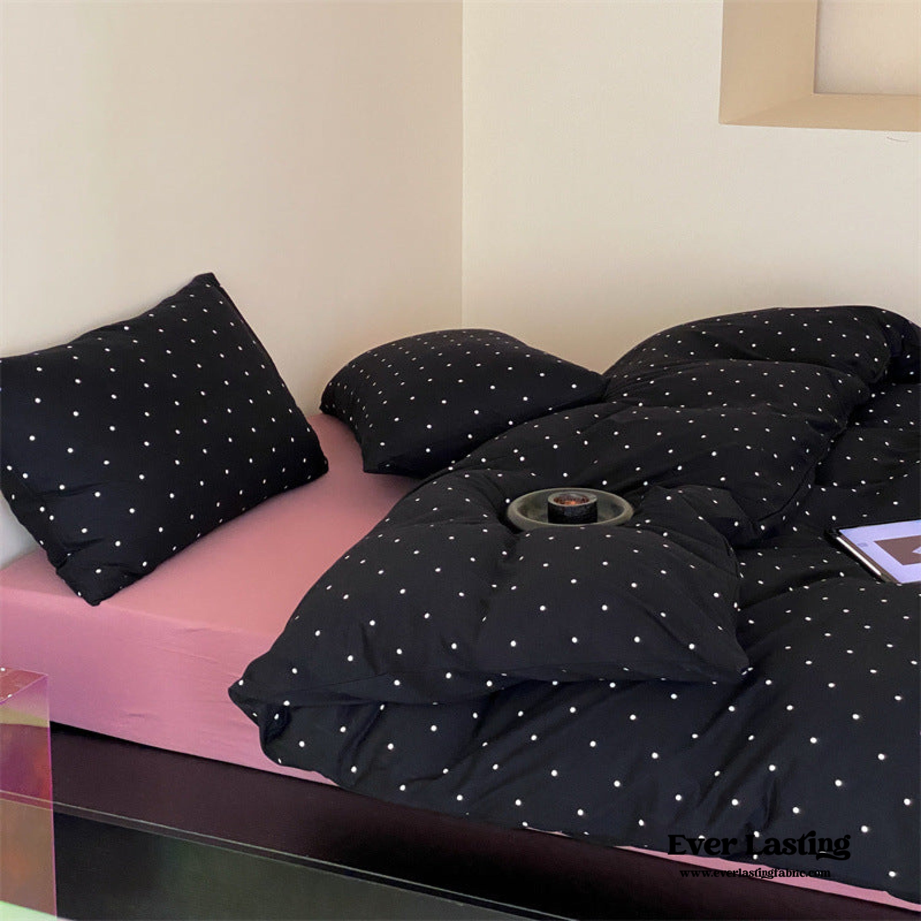 Mini Polka Dot Jersey Knit Bedding Set - Black + Pink