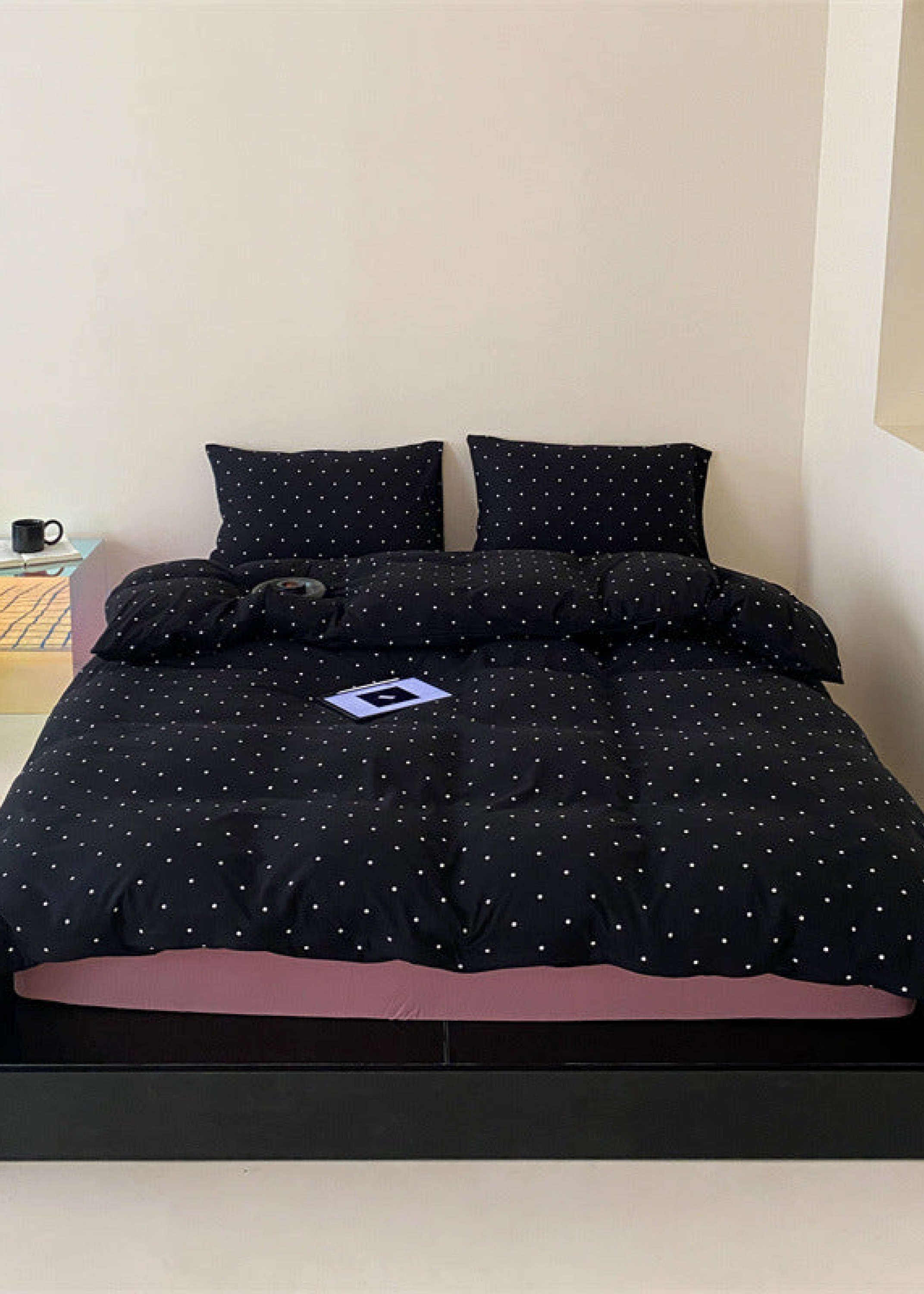 Mini Polka Dot Jersey Knit Bedding Set - Black + Pink
