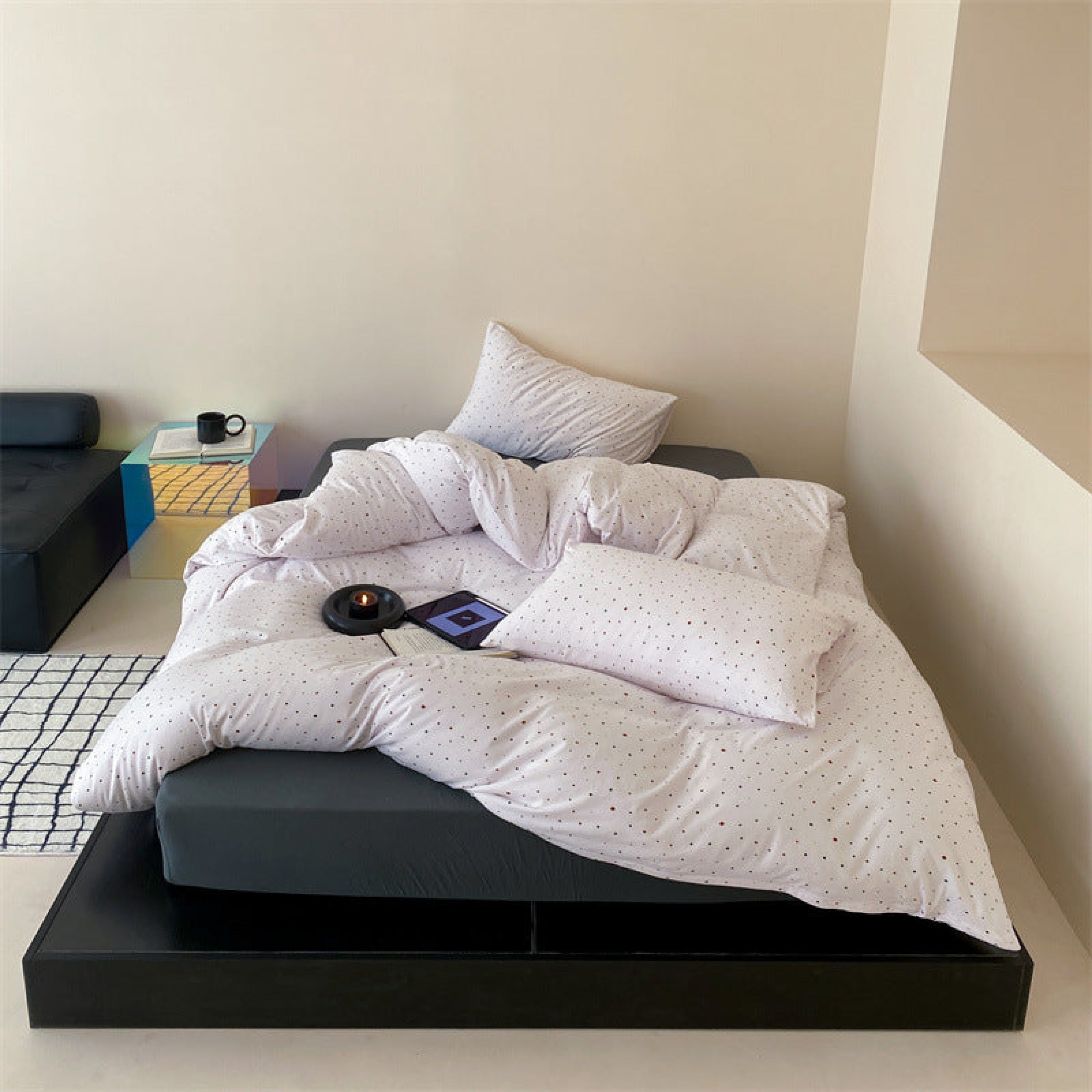 Mini Polka Dot Jersey Knit Bedding Set - Black + Pink