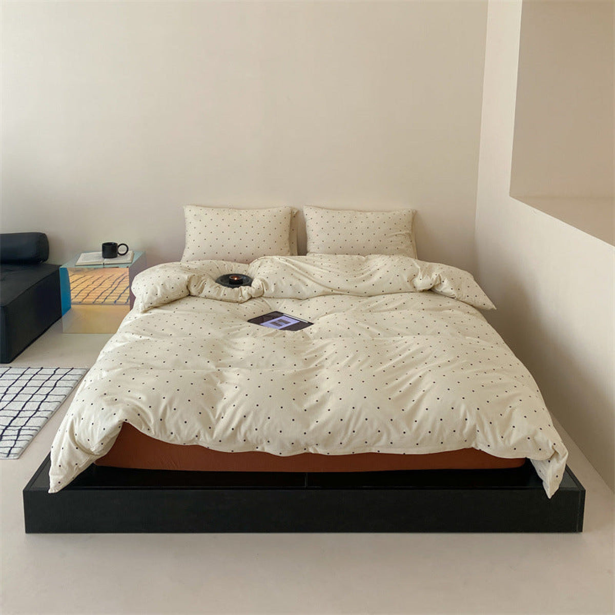 Mini Polka Dot Jersey Knit Bedding Set - Cream + Pumpkin Orange