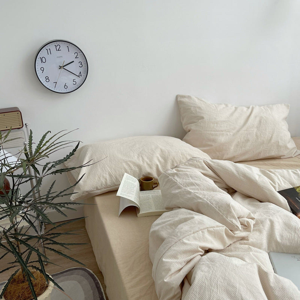 Minimal Mixed Gingham Bedding Set - Milk Coffee