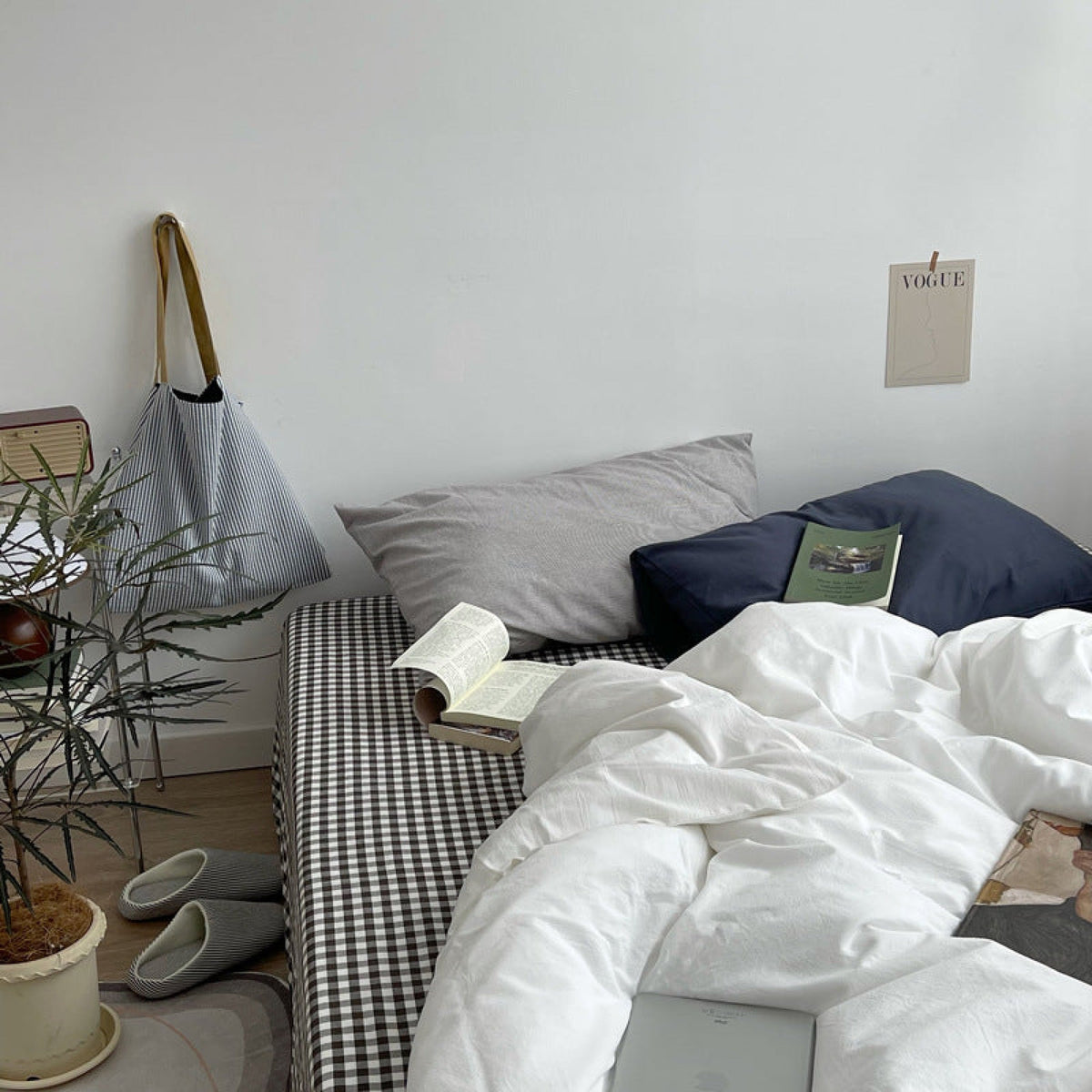 Minimal Mixed Gingham Bedding Set - White