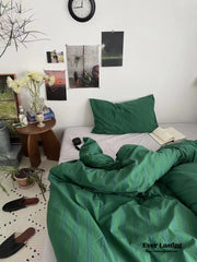 Minimal Vintage Stripe Bedding Set - Forest Green