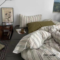 Minimal Vintage Stripe Bedding Set - Olive Green