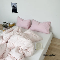 Mixed Color Washed Cotton Bedding Set - Baby Pink + White