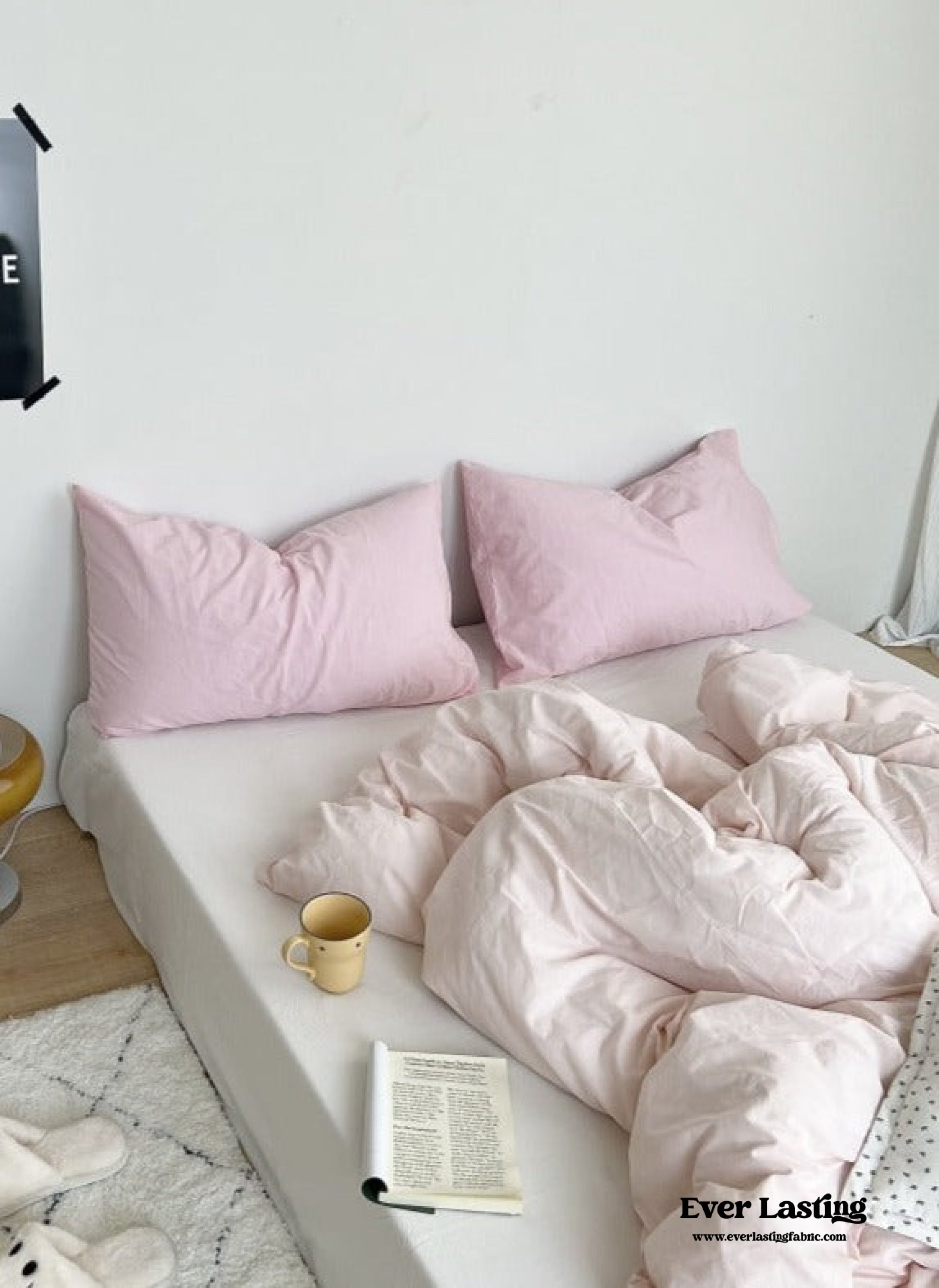 Mixed Color Washed Cotton Bedding Set - Baby Pink + White