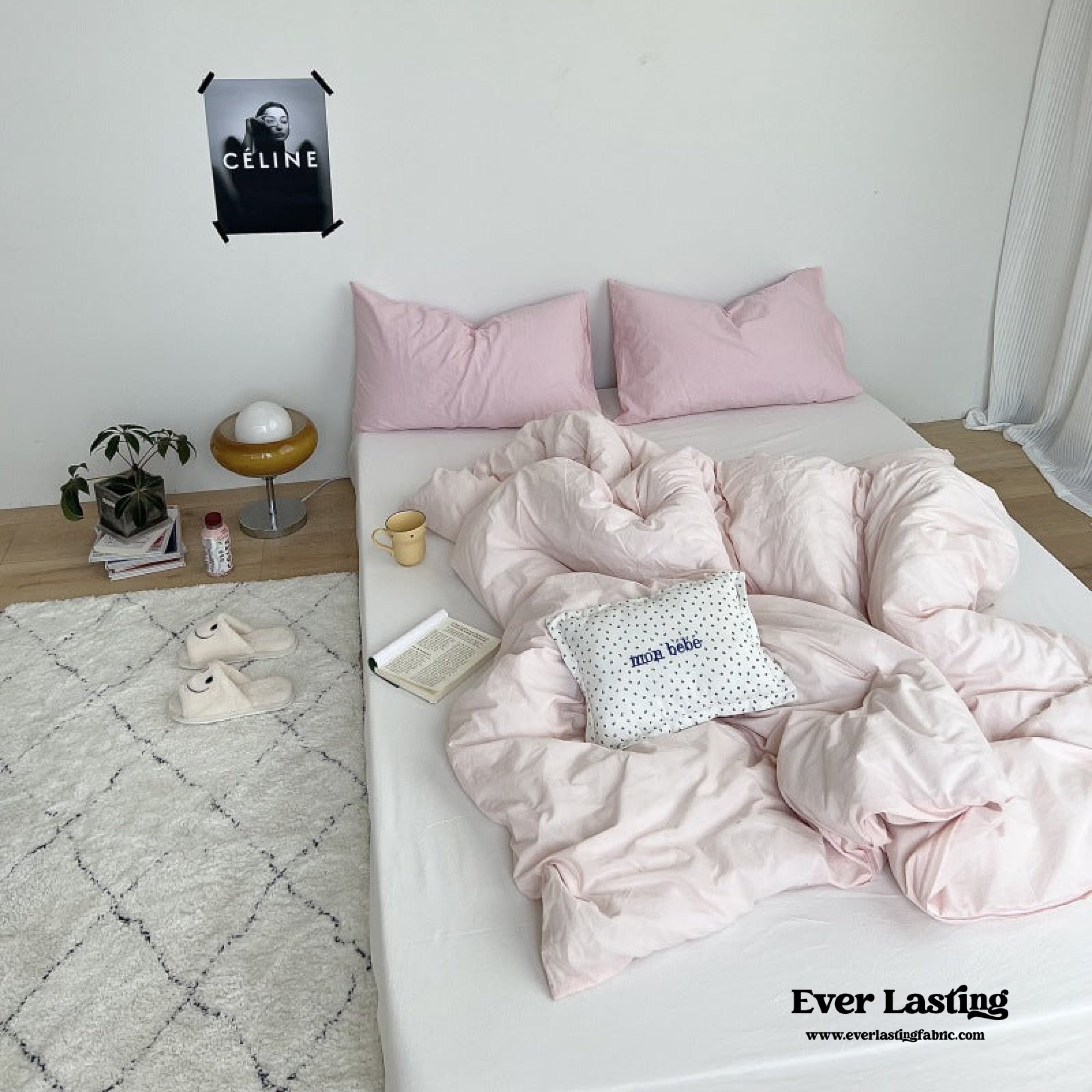 Mixed Color Washed Cotton Bedding Set - Baby Pink + White