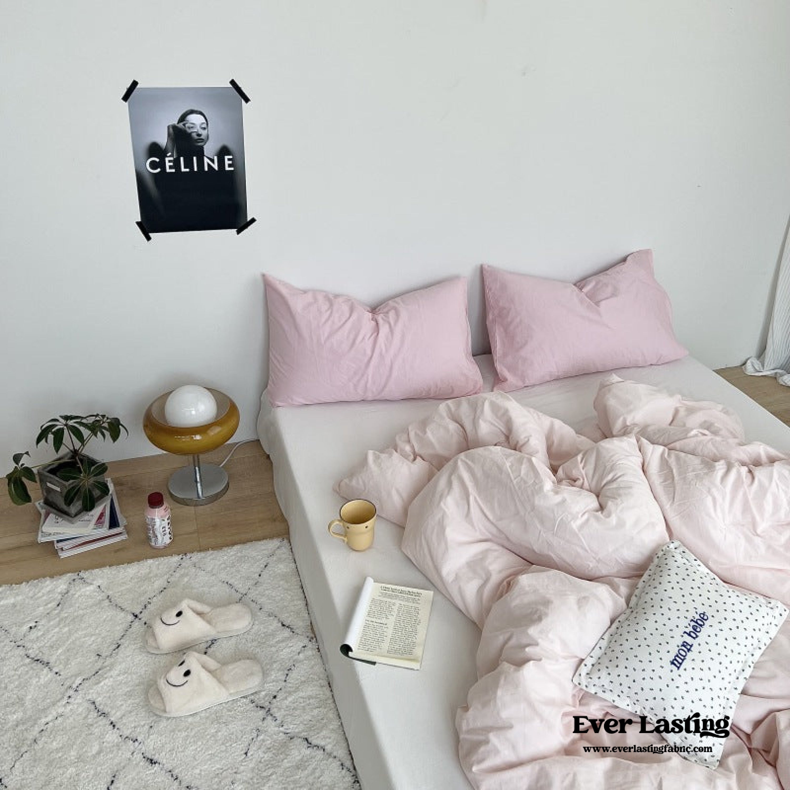 Mixed Color Washed Cotton Bedding Set - Baby Pink + White
