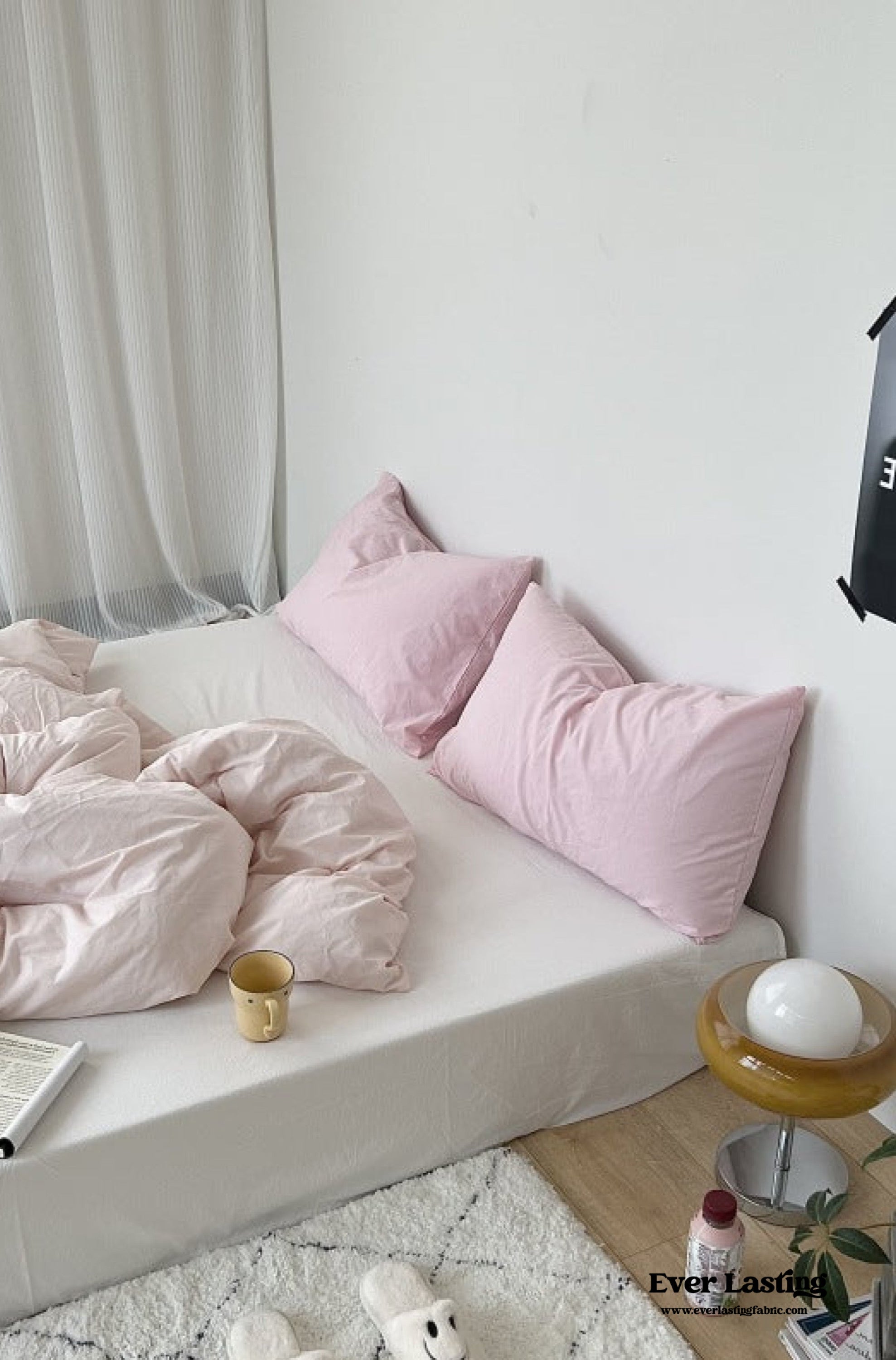 Mixed Color Washed Cotton Bedding Set - Baby Pink + White