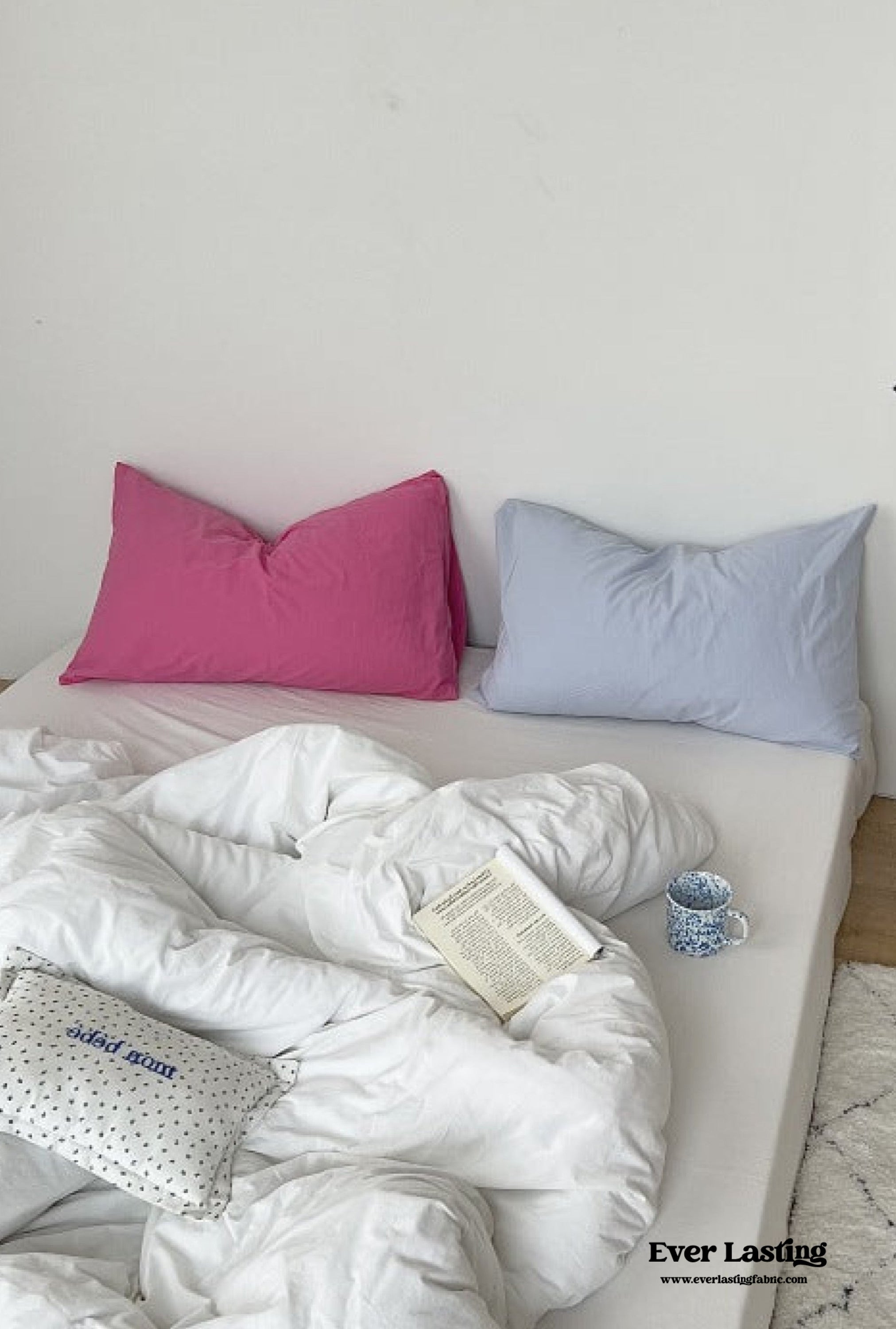 Mixed Color Washed Cotton Bedding Set - Baby Pink + White