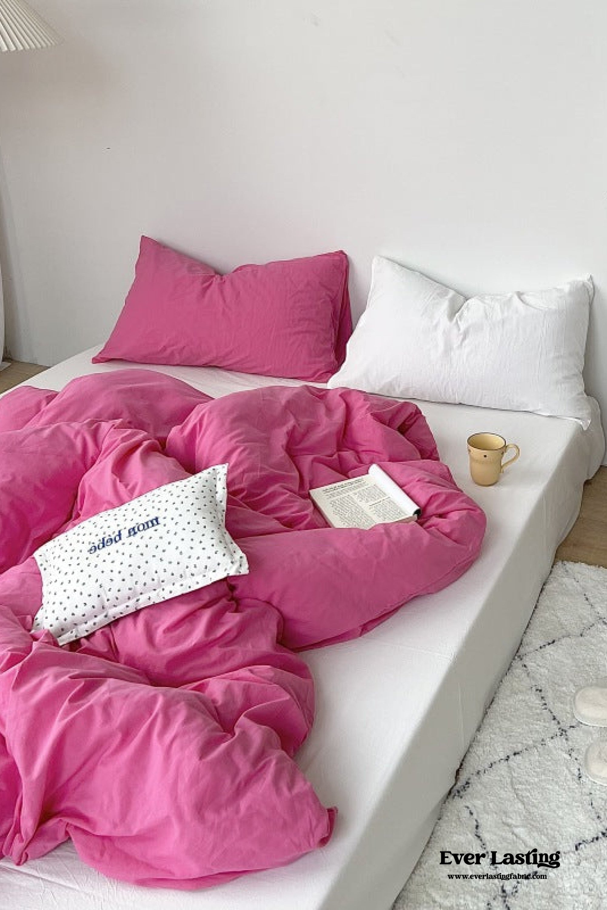 Mixed Color Washed Cotton Bedding Set - Baby Pink + White