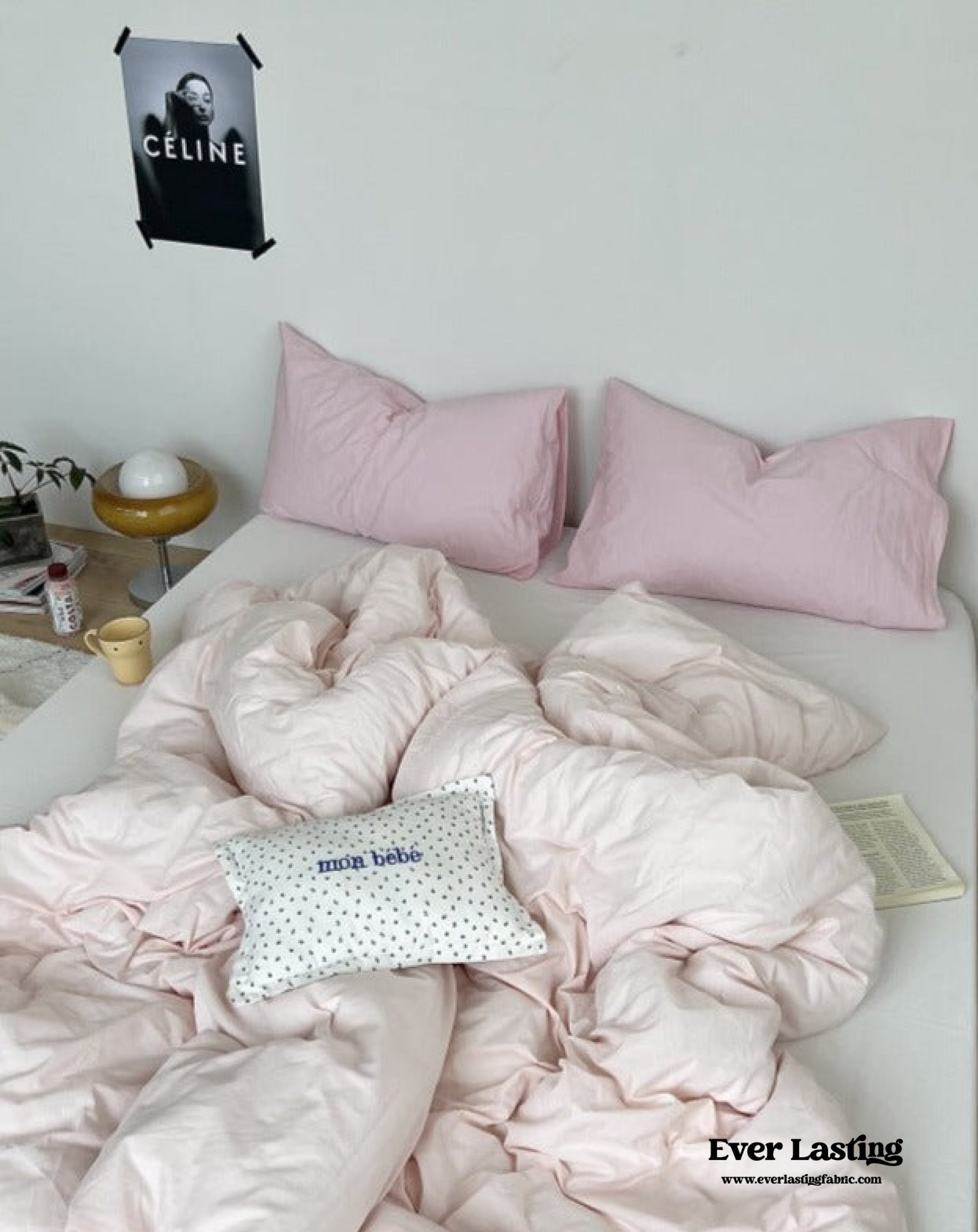 Mixed Color Washed Cotton Bedding Set - Baby Pink + White