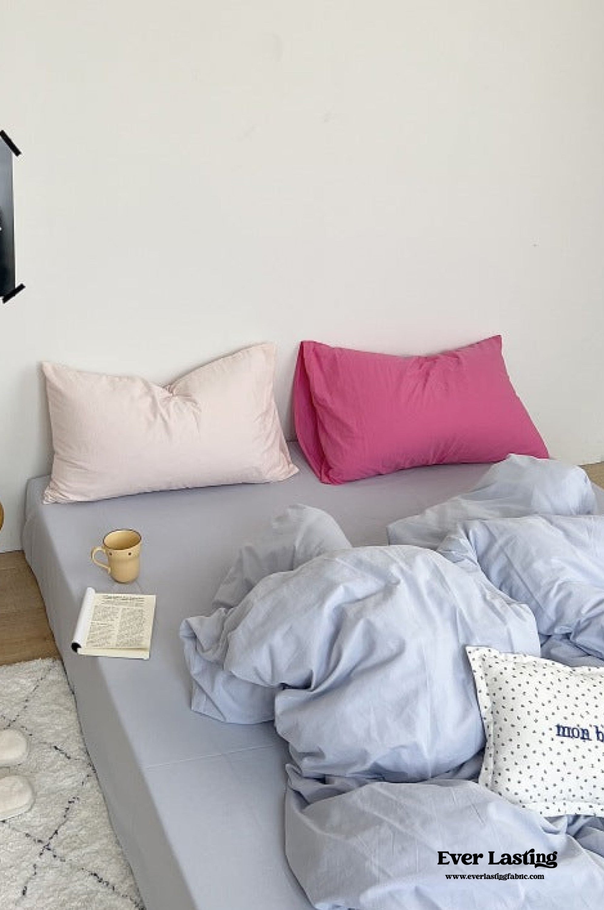 Mixed Color Washed Cotton Bedding Set - Baby Pink + White