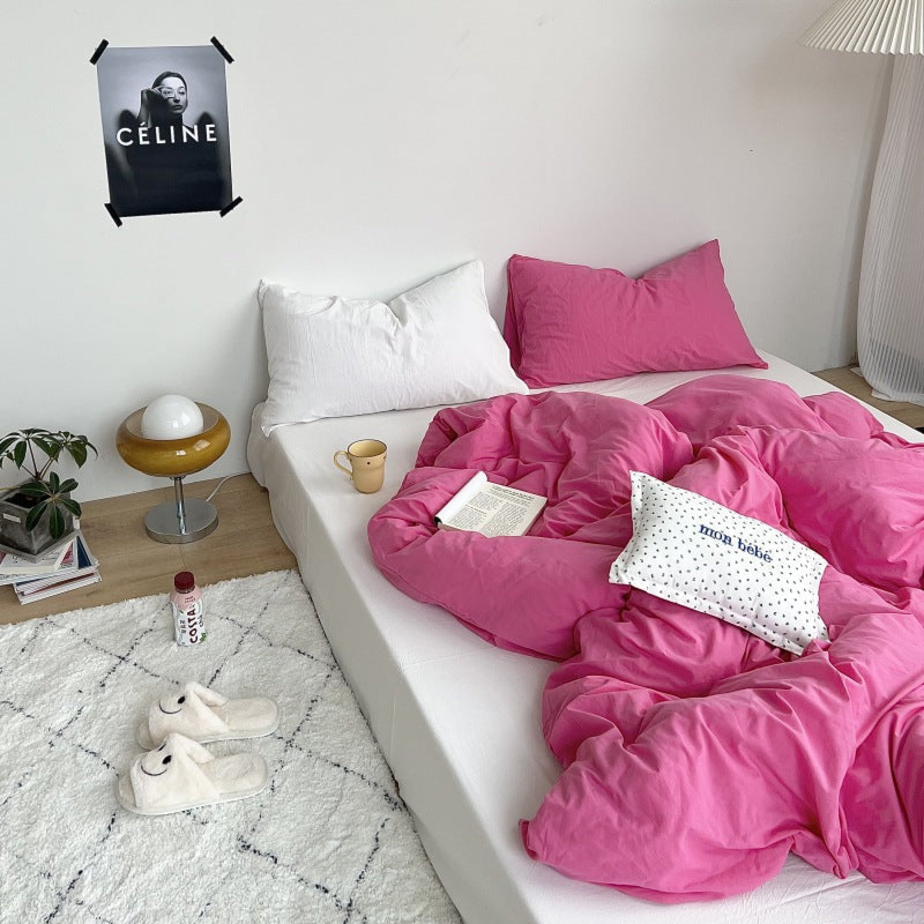 Mixed Color Washed Cotton Bedding Set - Baby Pink + White