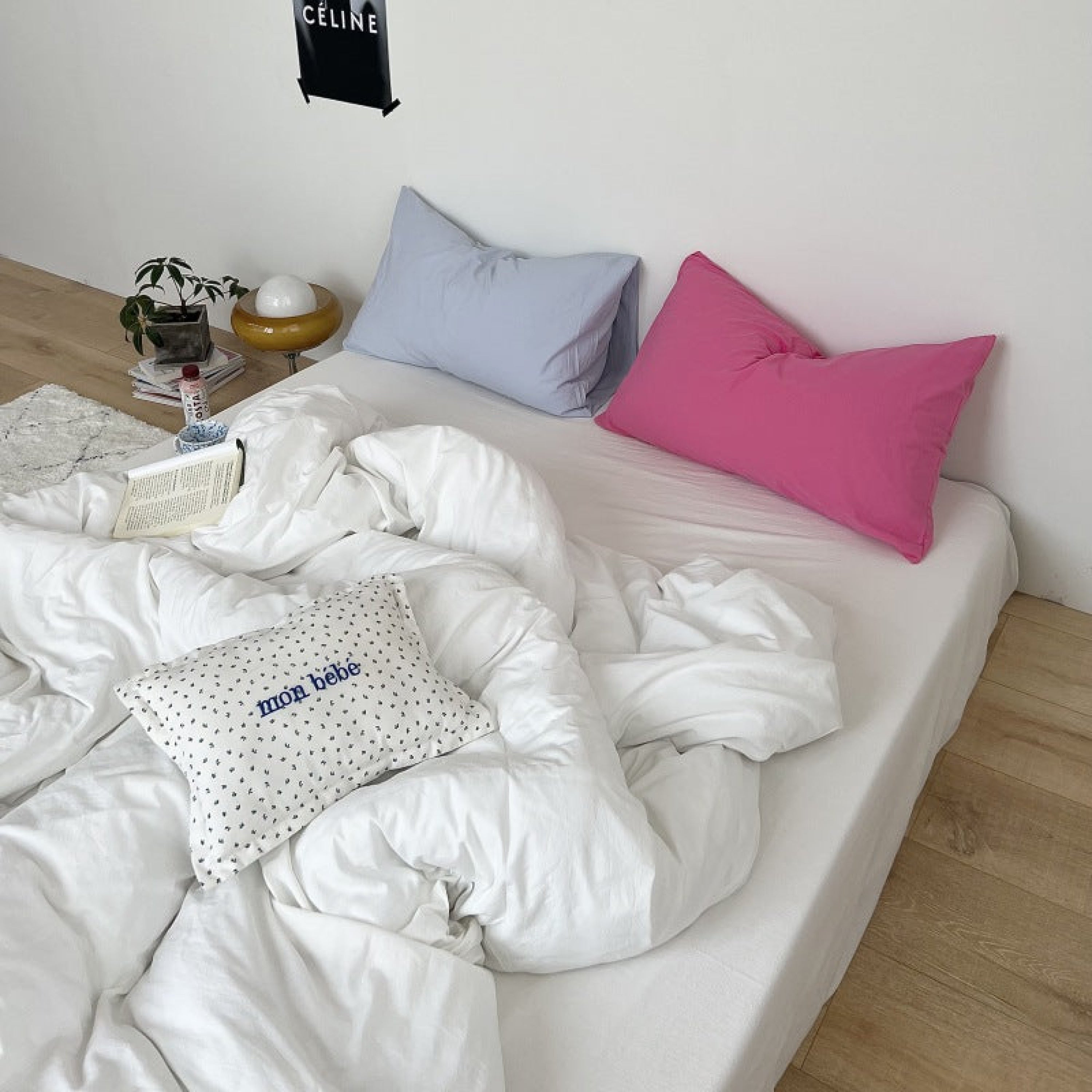 Mixed Color Washed Cotton Bedding Set - Baby Pink + White