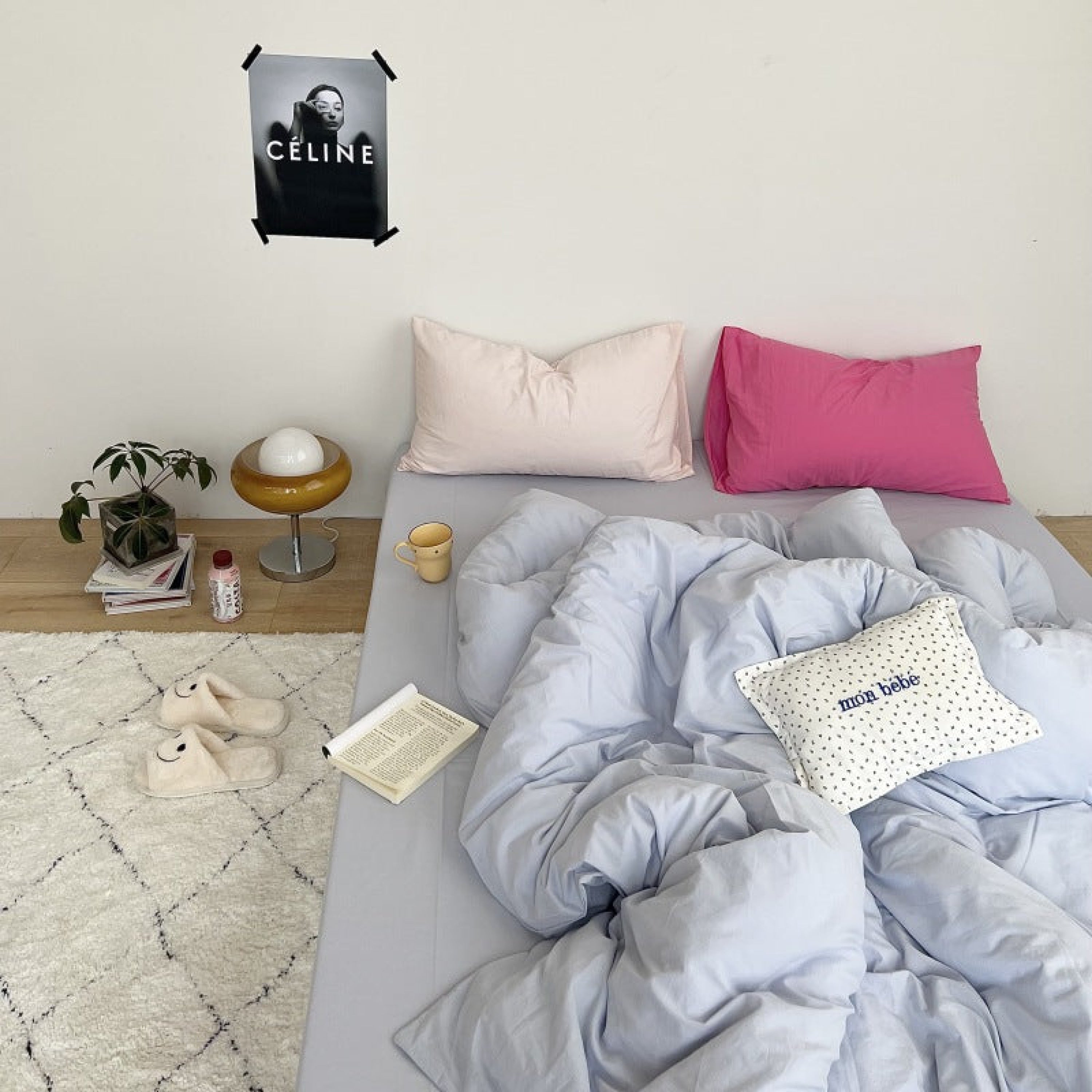 Mixed Color Washed Cotton Bedding Set - Baby Pink + White