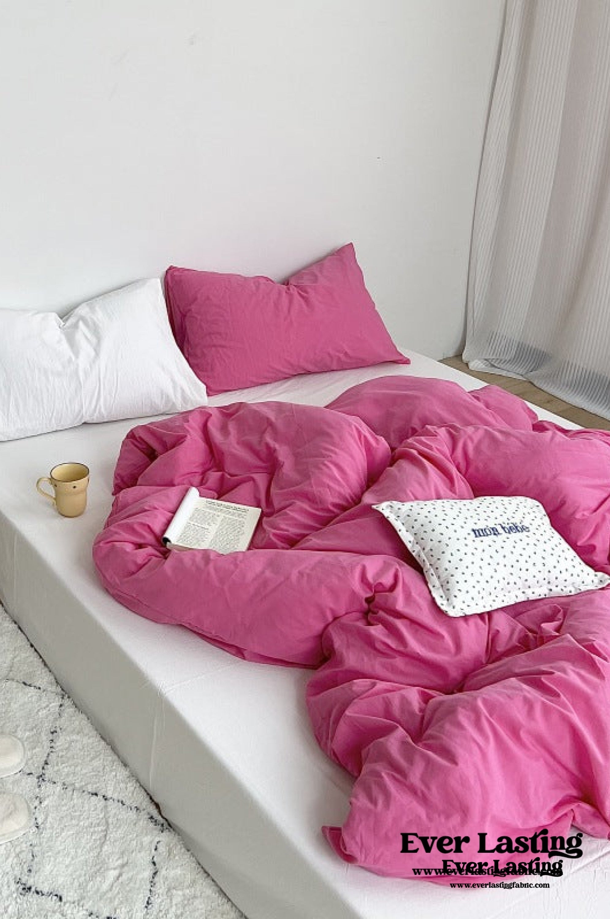 Mixed Color Washed Cotton Bedding Set - Barbie Pink + White