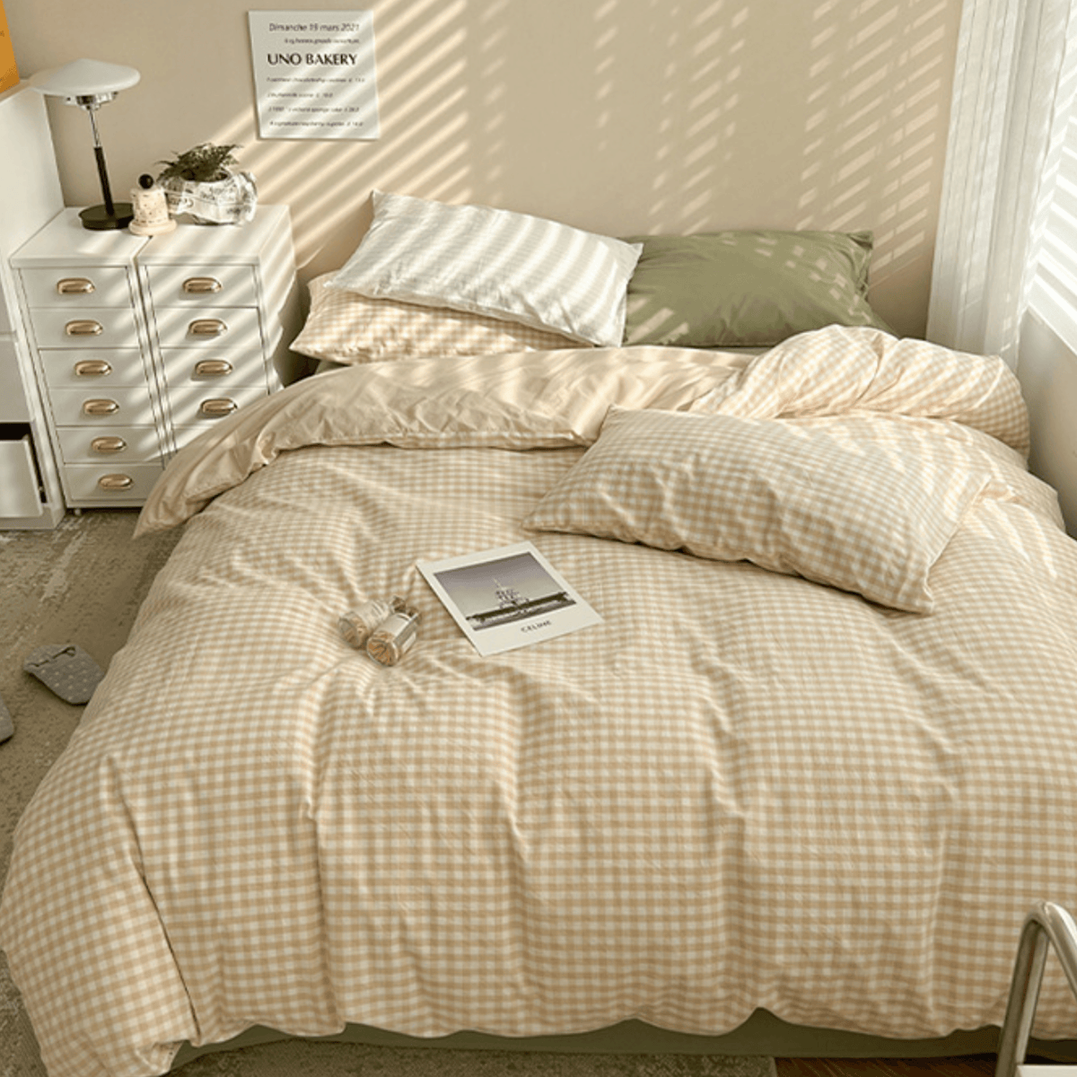 Mixed Gingham Bedding Set - Brown + Green