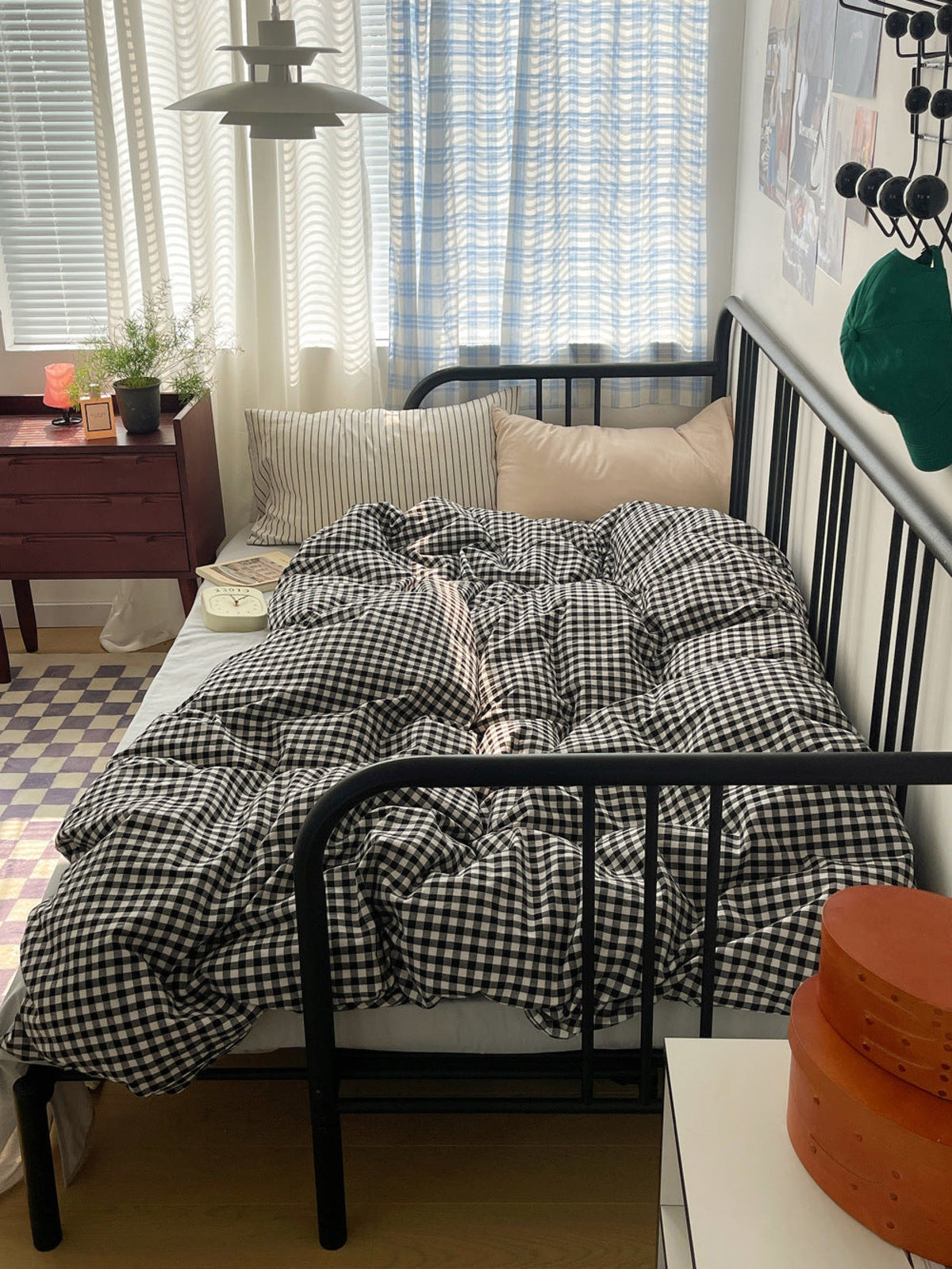 Mixed Gingham Striped Bedding Set - Black
