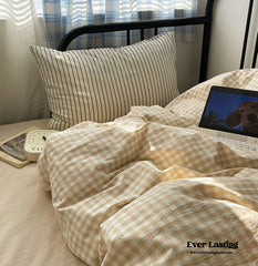 Mixed Gingham Striped Bedding Set - Brown