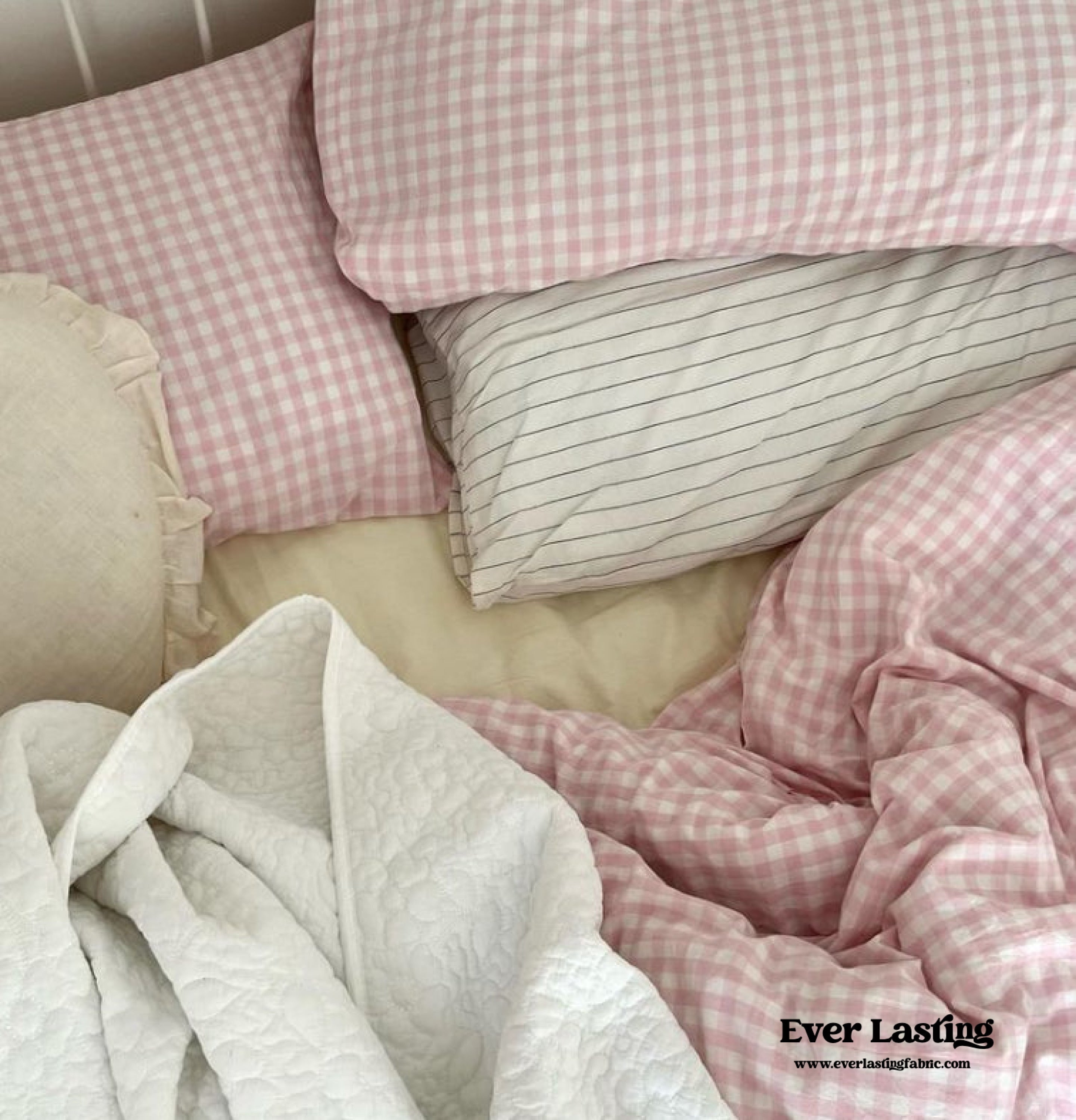 Mixed Gingham Striped Bedding Set - Pink