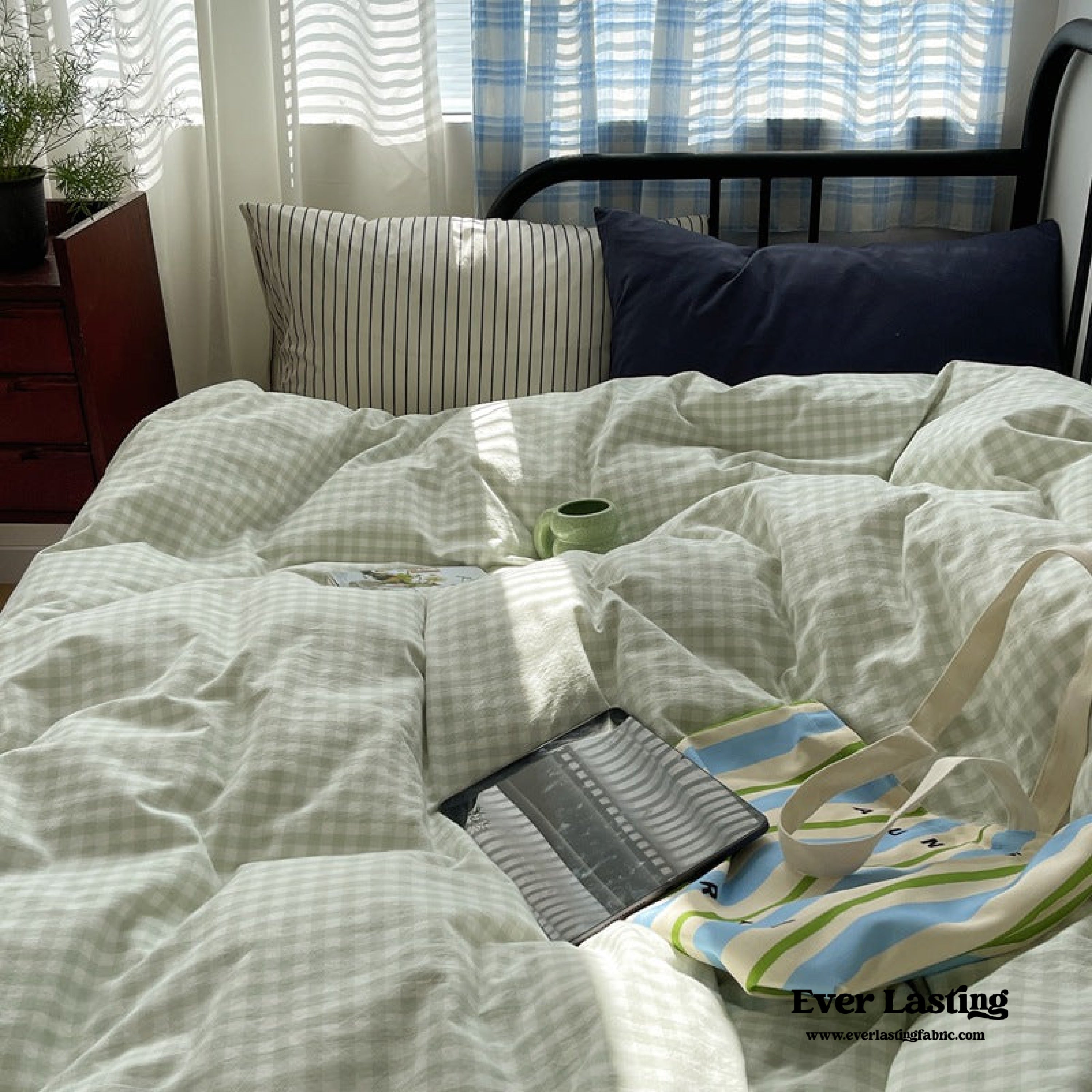 Mixed Gingham Striped Bedding Set - Pink