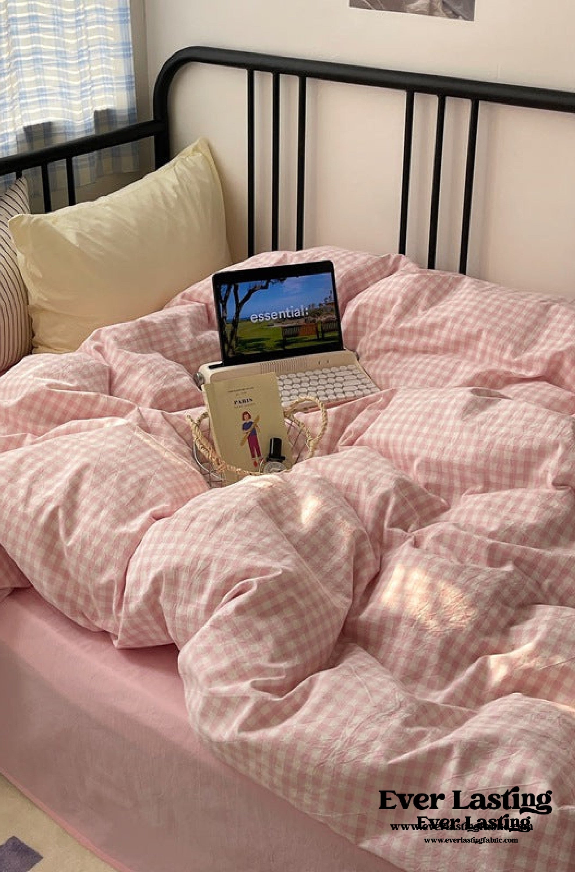 Mixed Gingham Striped Bedding Set - Purple Pink
