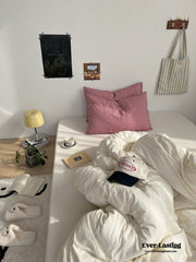 Mixed Stripe Washed Cotton Bedding Set - White + Red