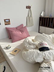 Mixed Stripe Washed Cotton Bedding Set - White + Red