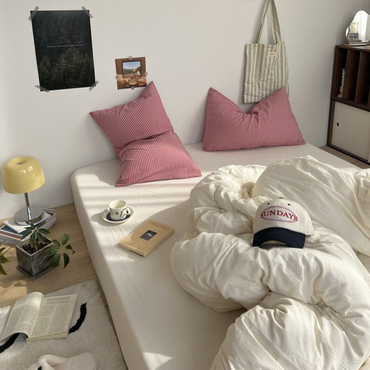 Mixed Stripe Washed Cotton Bedding Set - White + Red