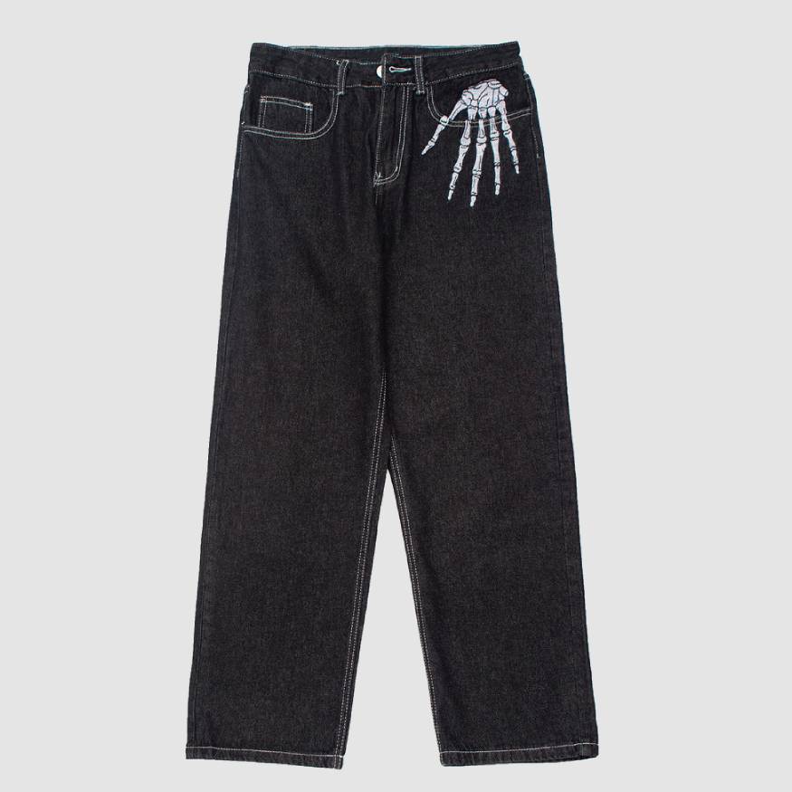 Jeans mit Skelett-Stickerei