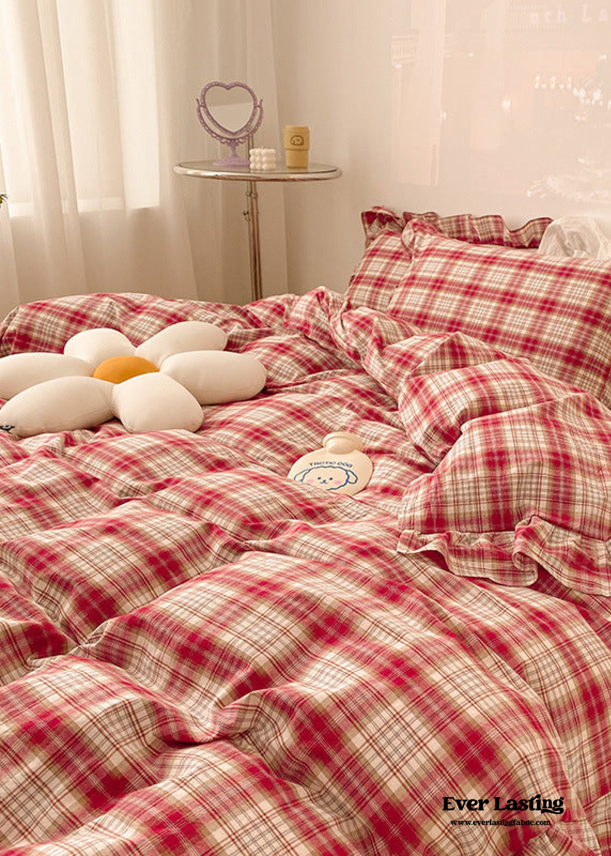 Plaid Ruffle Bedding Set - Green