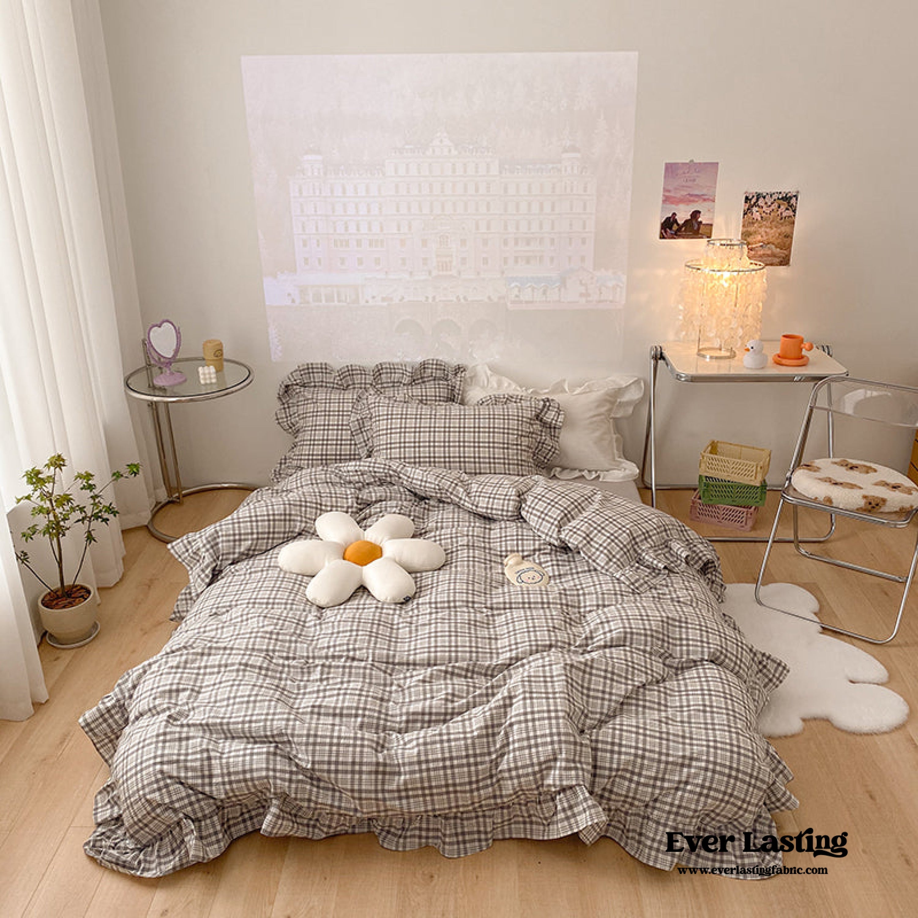 Plaid Ruffle Bedding Set - Green