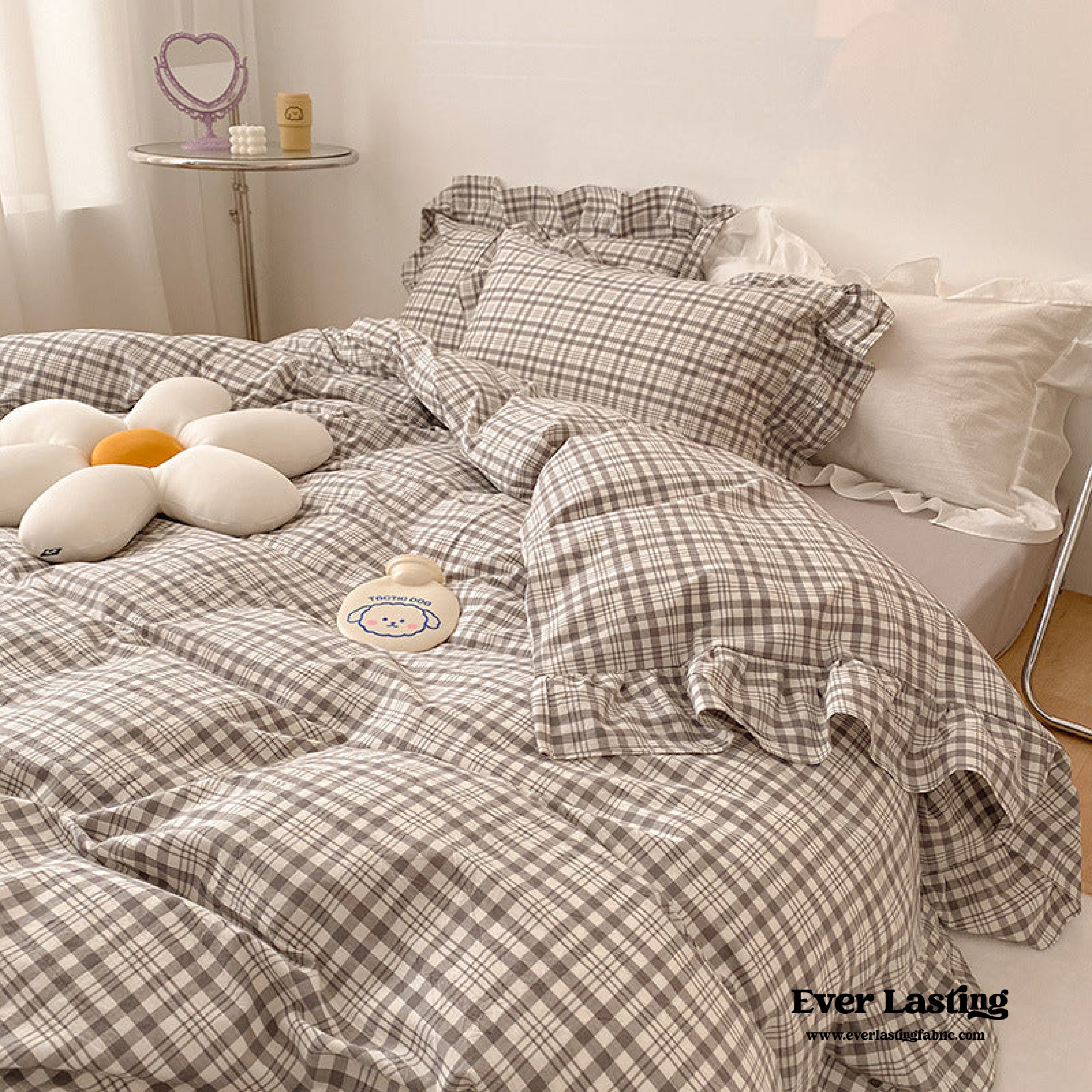 Plaid Ruffle Bedding Set - Green