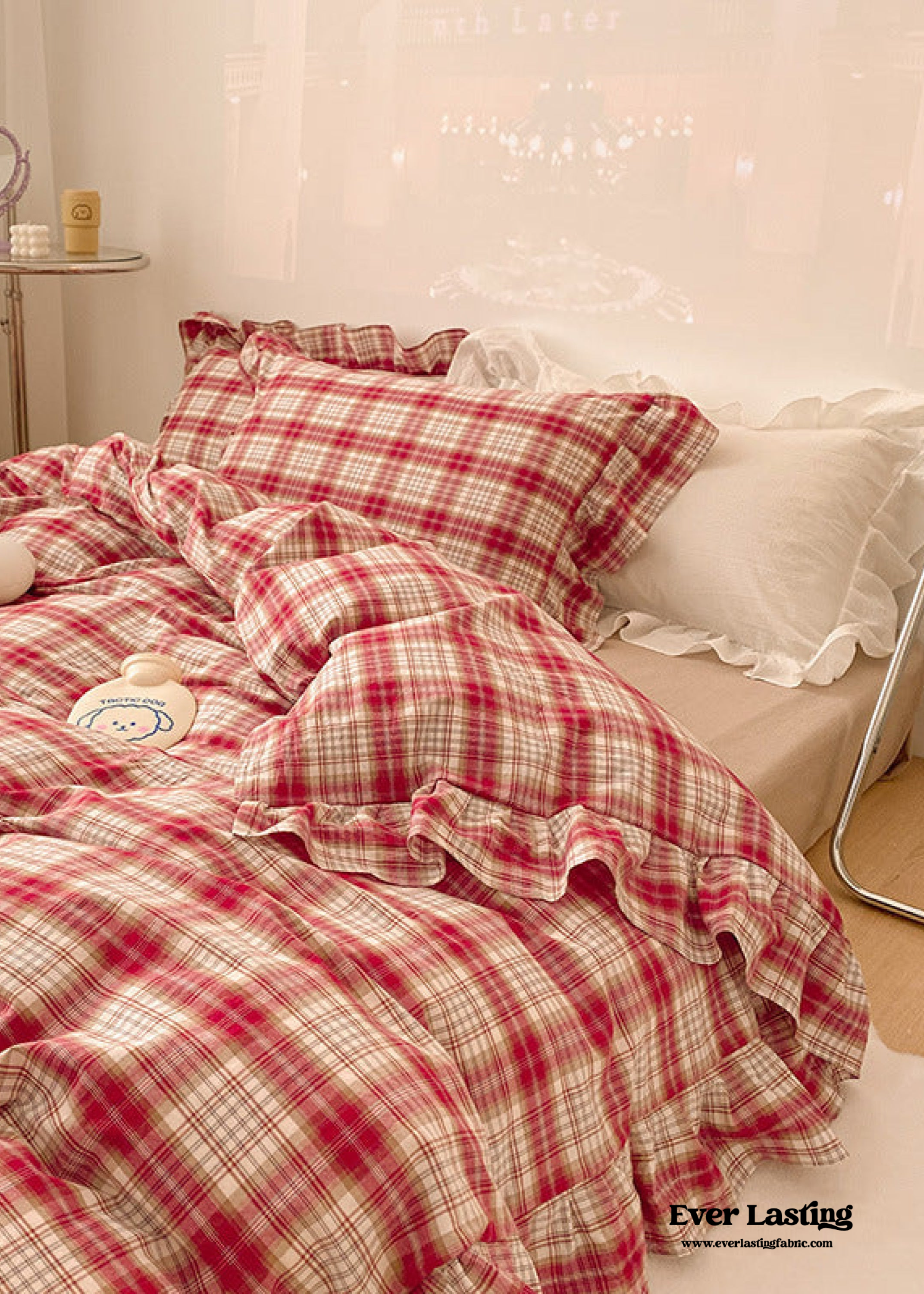 Plaid Ruffle Bedding Set - Green