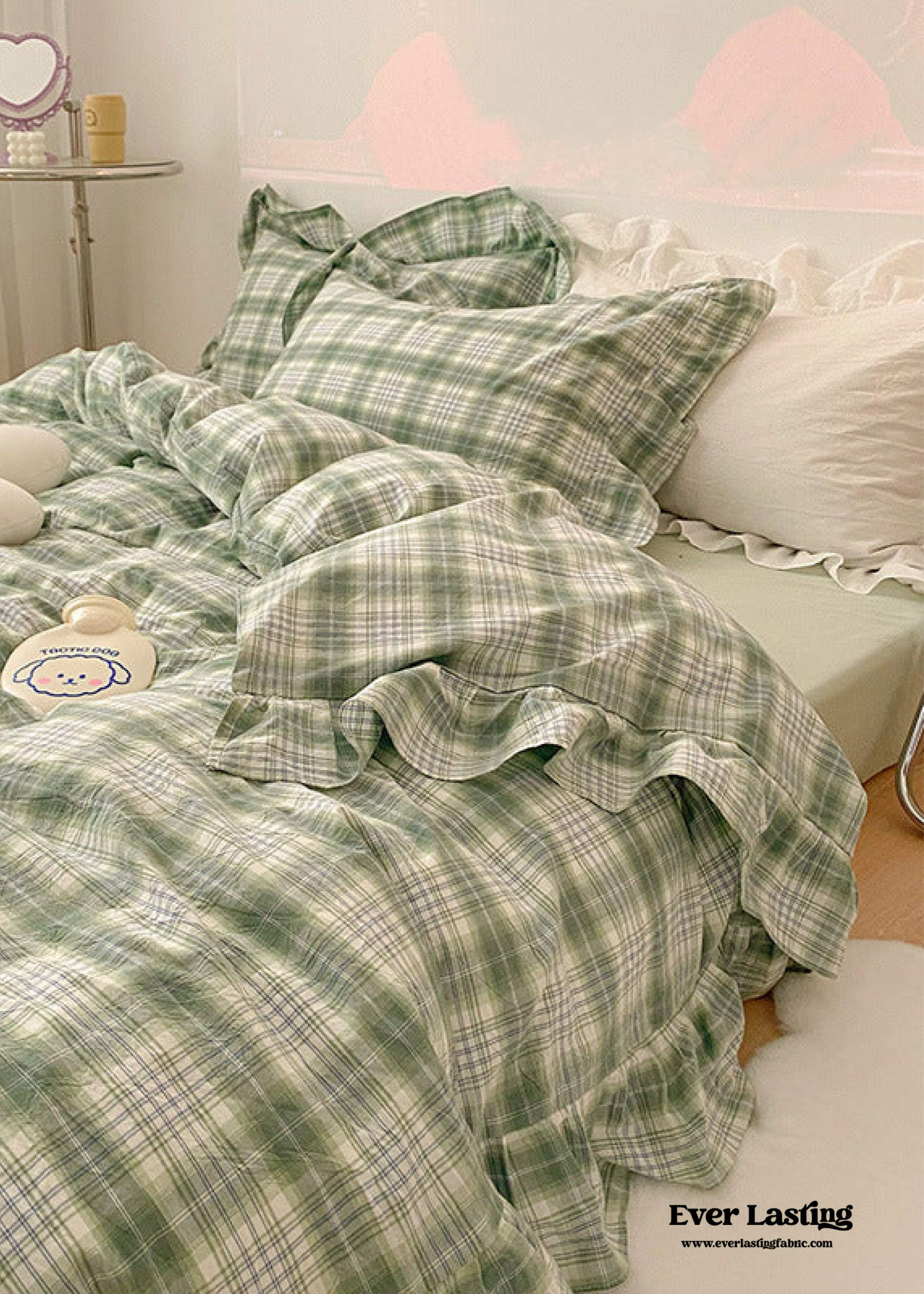 Plaid Ruffle Bedding Set - Green